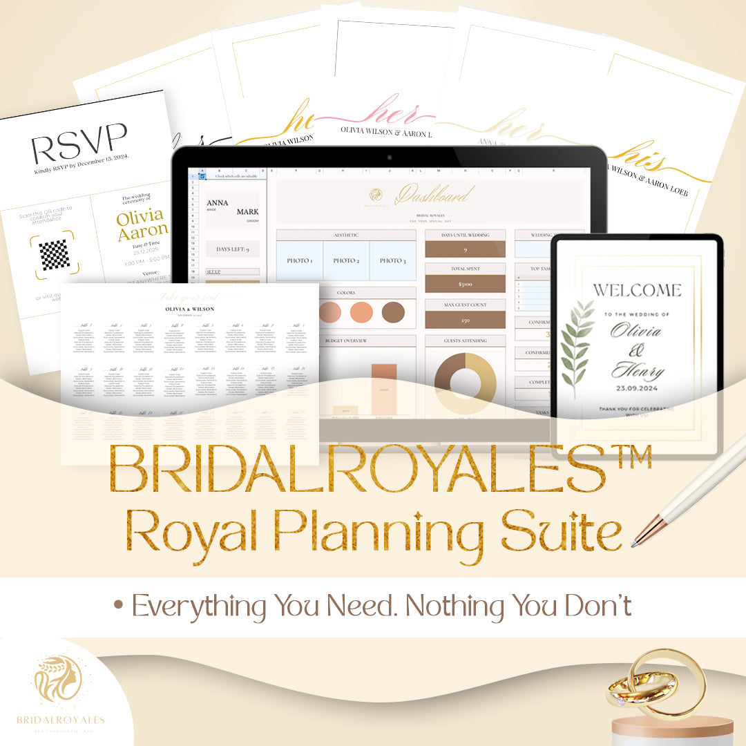 5-in-1 Plan Like Royalty – Luxury Digital Wedding Planner Bundle | 5-in-1 Canva Google Tools | Editable Vow Books, QR Invites, Signs & Chart