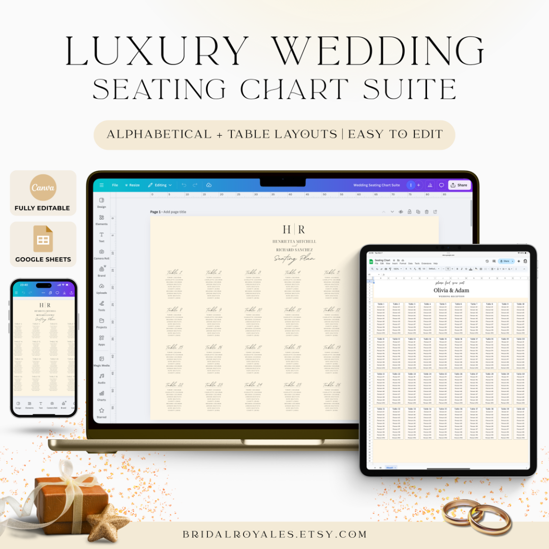 Luxury Wedding Seating Chart Bundle – Editable Canva & Google Sheets | Alphabetical Table Layouts | Printable PDF Digital Display