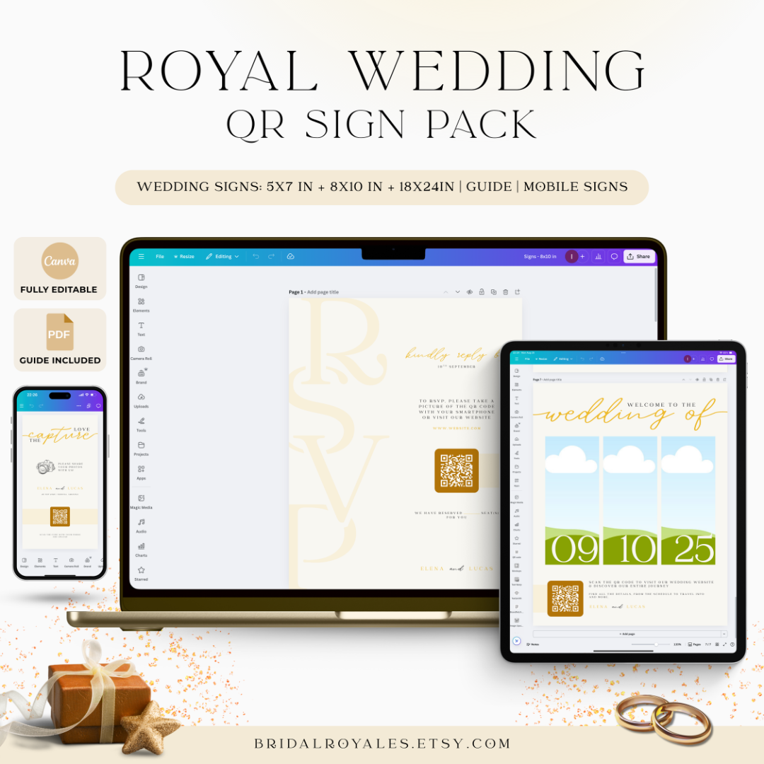 Luxury QR Wedding Sign Bundle – 9 Editable Canva Templates | RSVP, Registry, Guestbook, Menu, Photos & Website Printable Signs
