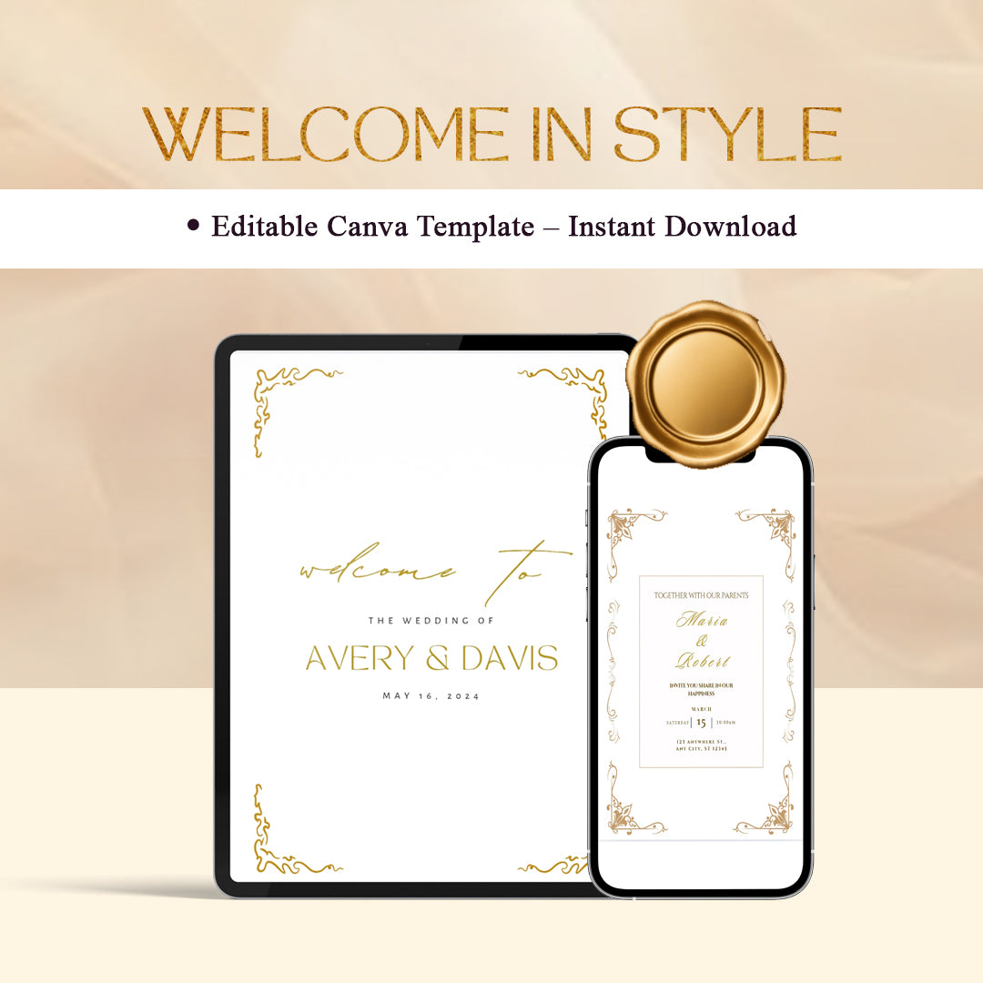 4-in-1 Starter Elegance Kit – Editable Wedding Planning Essentials | Vow Books, QR Invitation, Welcome Sign, Digital Planner PDF + Canva
