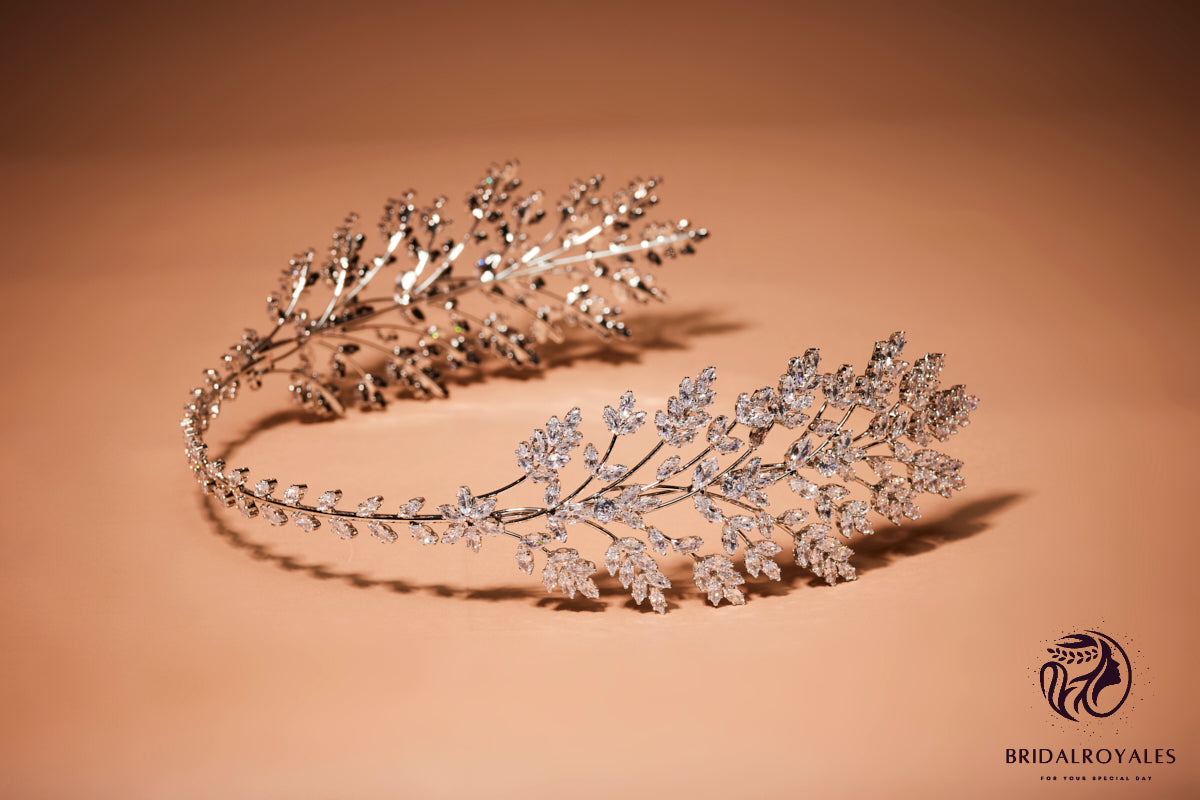 Bridal Crystal Pearl Silver Tiara, Bride Wedding Hair Leaf Zirconia Hair Piece Riviera Silver Crystal Bridal Headband main image 2