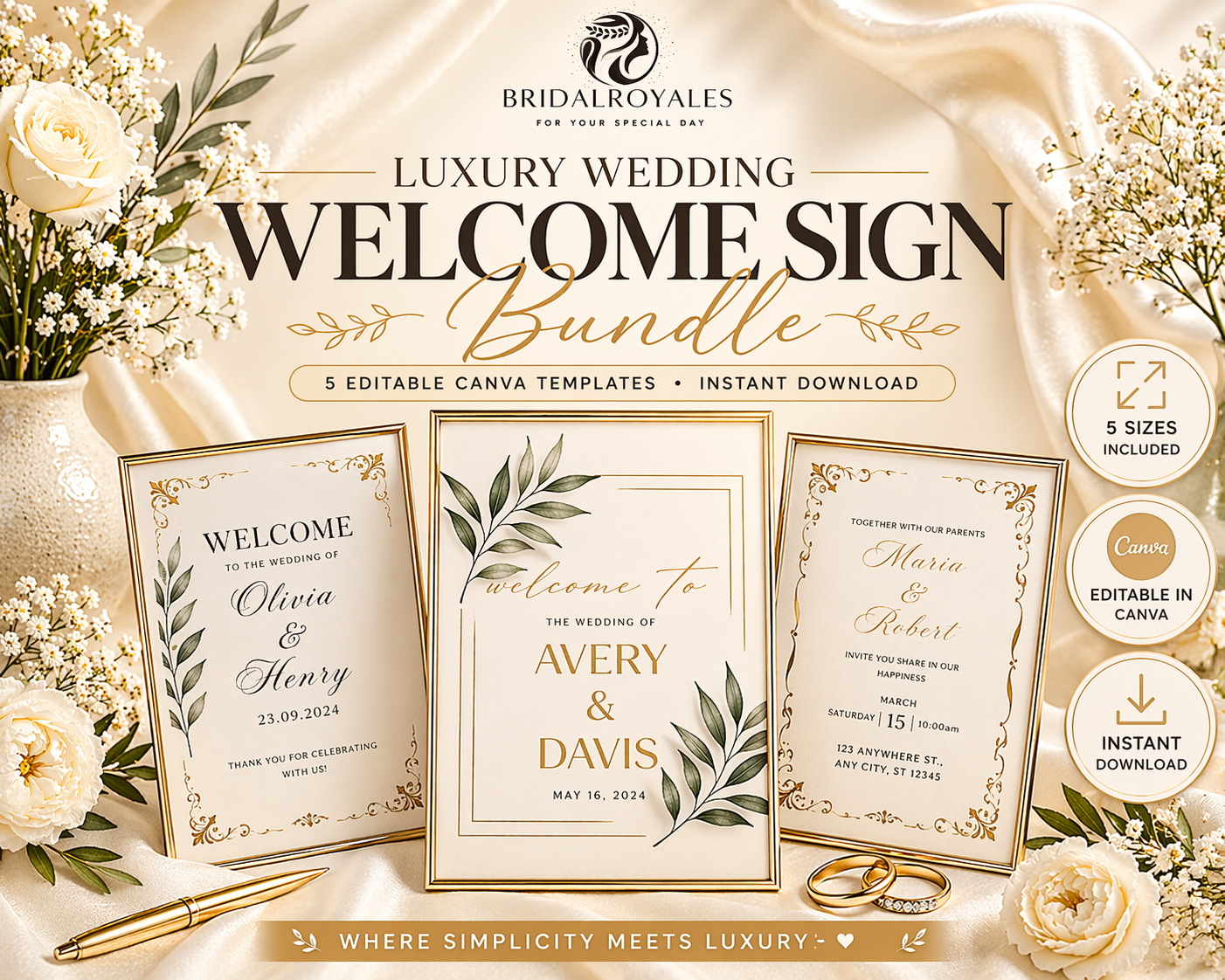 Luxury Wedding Welcome Sign Bundle – 5 Editable Canva Templates | A1, A2, 24x36, 18x24 & 5x7 | Minimalist Printable PDF Wedding Signsrn, Floral, Botanical