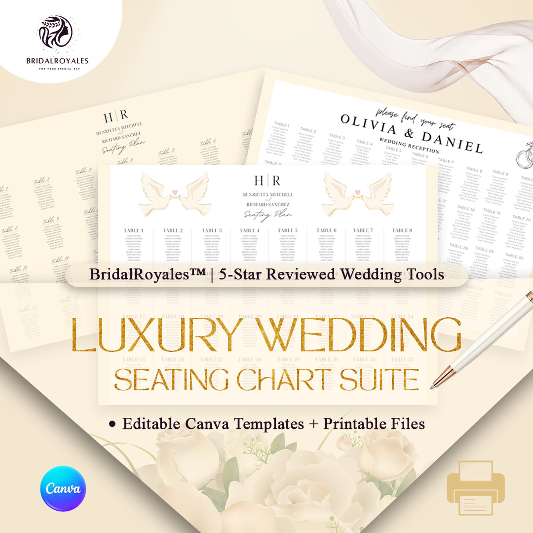 5-in-1 Plan Like Royalty – Luxury Digital Wedding Planner Bundle | 5-in-1 Canva Google Tools | Editable Vow Books, QR Invites, Signs & Chart
