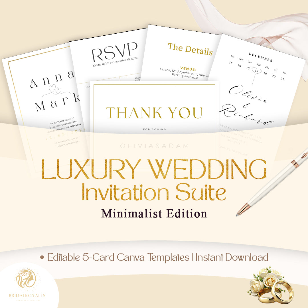 5-in-1 Plan Like Royalty – Luxury Digital Wedding Planner Bundle | 5-in-1 Canva Google Tools | Editable Vow Books, QR Invites, Signs & Chart