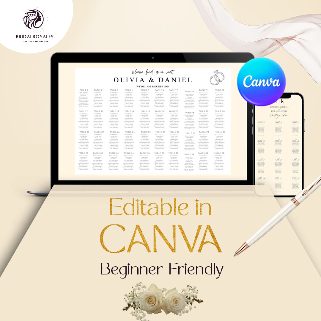 Luxury Wedding Seating Chart Bundle – Editable Canva & Google Sheets | Alphabetical Table Layouts | Printable PDF Digital Display