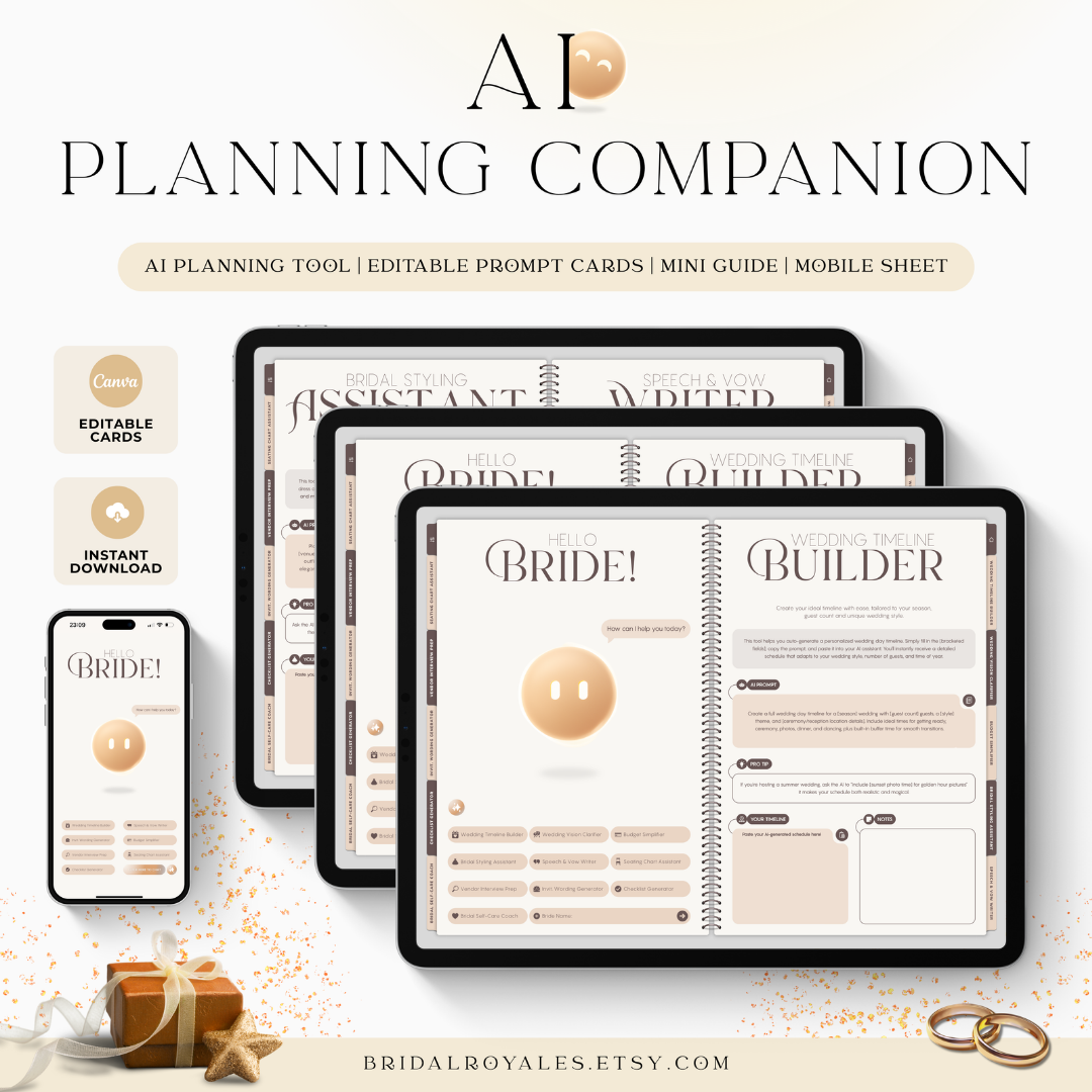 AI Wedding Planner – ChatGPT Bridal Prompts, Timeline, Budget, Vendor Help – BridalRoyales™ Digital Companion