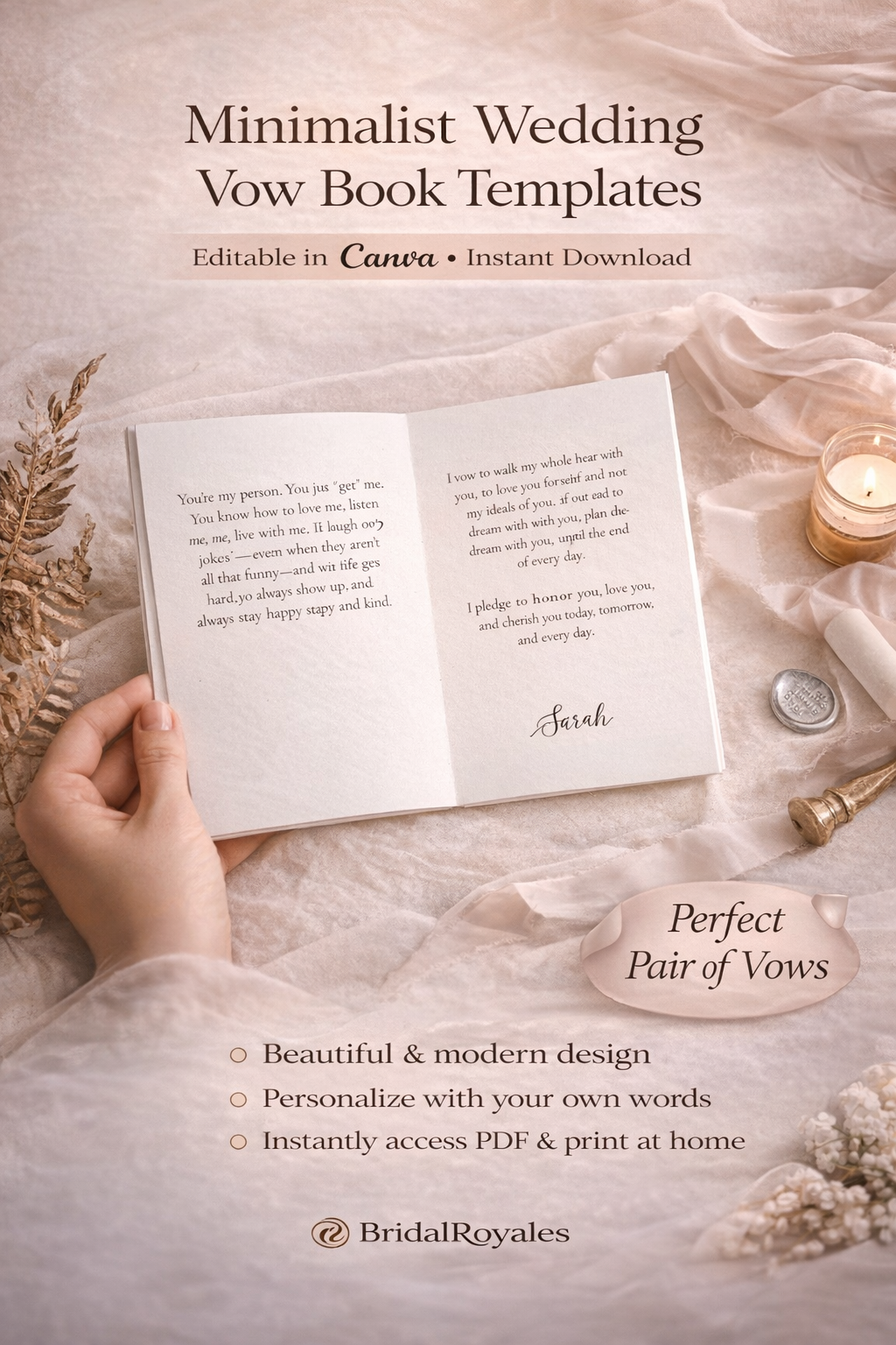 Luxury Wedding Vow Book Set – 3 Editable Canva Templates | Printable A5 & US Letter | Bride Groom Keepsake, Elopement, Vow Renewal