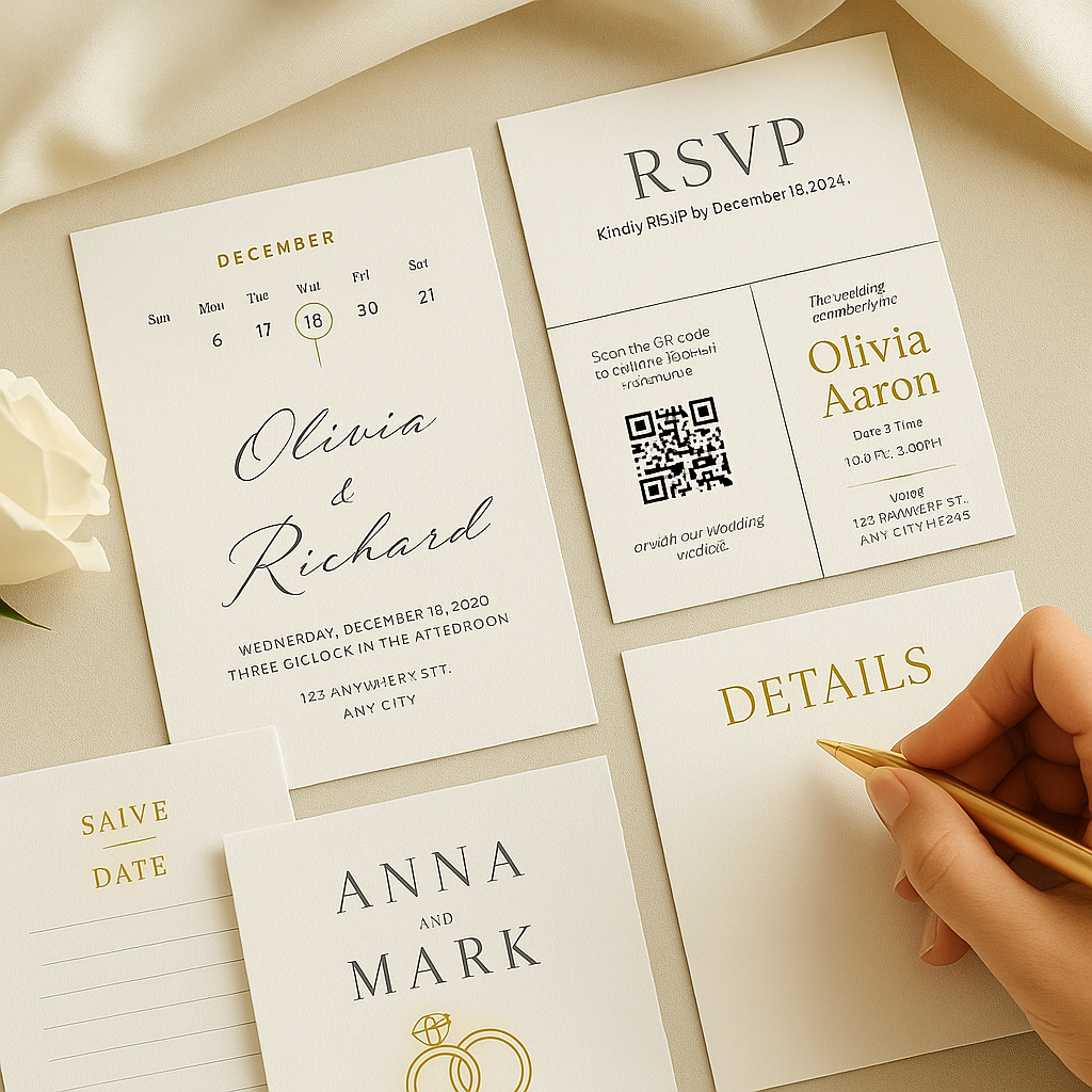 Luxury Minimalist Wedding Invitation Suite with Editable QR Code β Printable Canva Template | Instant Download | Modern RSVP & Details Cards