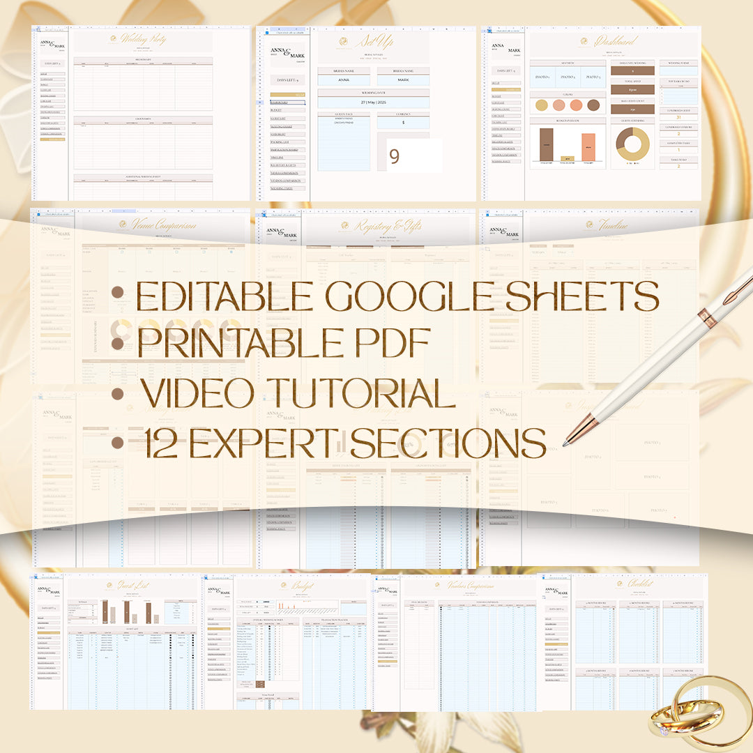 Luxury Digital Wedding Planner – Editable Google Sheets & Printable PDF | Minimalist Modern Bride Planning Template, Seating Chart, Budget