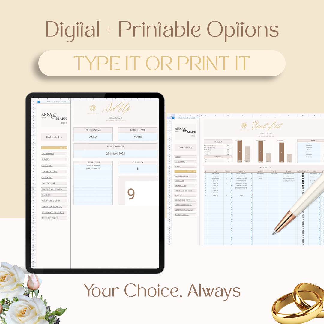 Luxury Digital Wedding Planner – Editable Google Sheets & Printable PDF | Minimalist Modern Bride Planning Template, Seating Chart, Budget