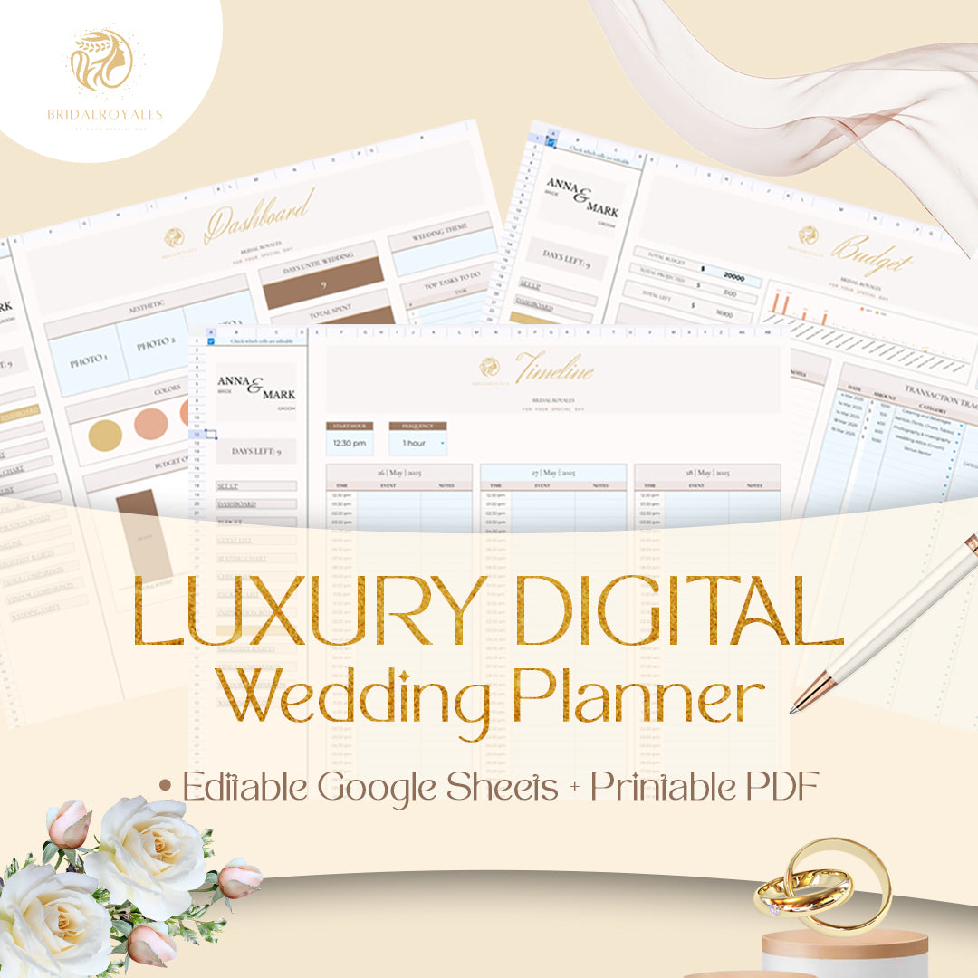Luxury Digital Wedding Planner – Editable Google Sheets & Printable PDF | Minimalist Modern Bride Planning Template, Seating Chart, Budget