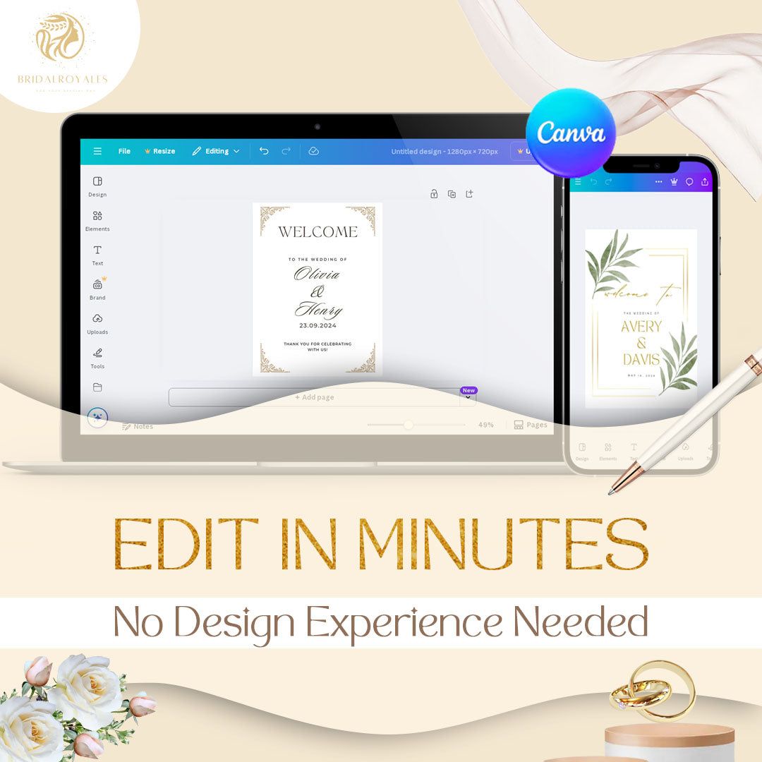 Luxury Wedding Welcome Sign Bundle – 5 Editable Canva Templates | A1, A2, 24x36, 18x24 & 5x7 | Minimalist Printable PDF Wedding Signsrn, Floral, Botanical