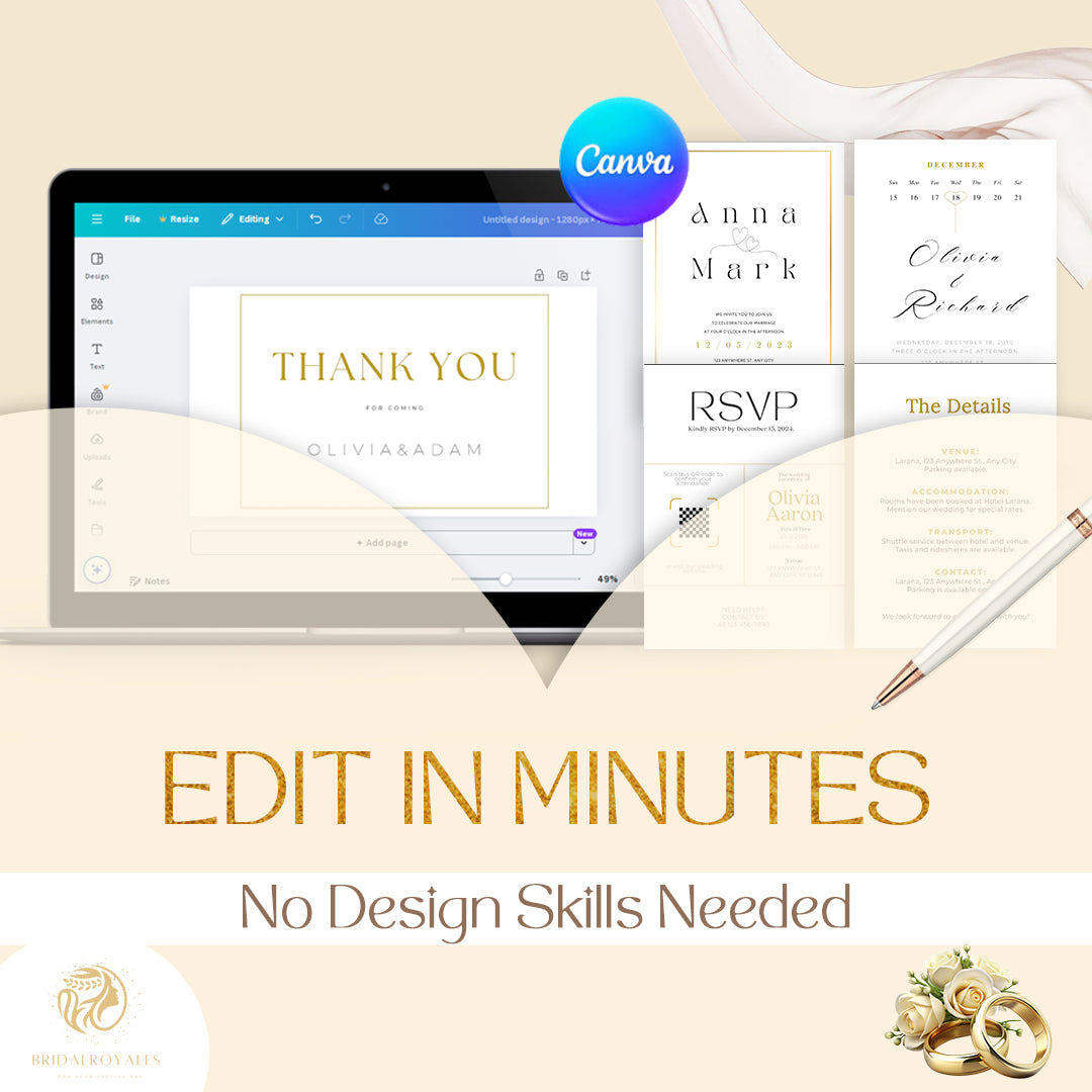 Luxury Wedding Invitation Suite with Editable QR Code – Canva Templates | Modern Printable Save the Date, RSVP, Details Card