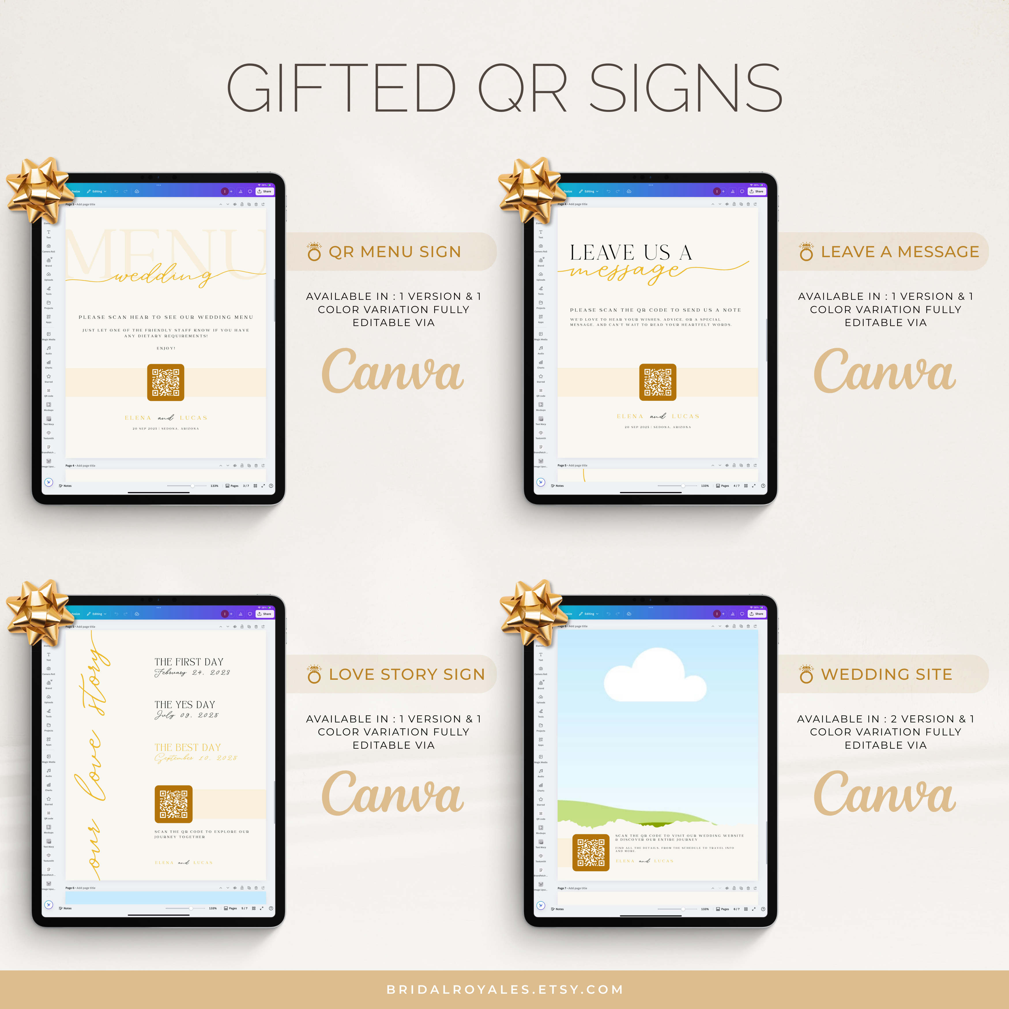Luxury QR Wedding Sign Bundle – 9 Editable Canva Templates | RSVP, Registry, Guestbook, Menu, Photos & Website Printable Signs