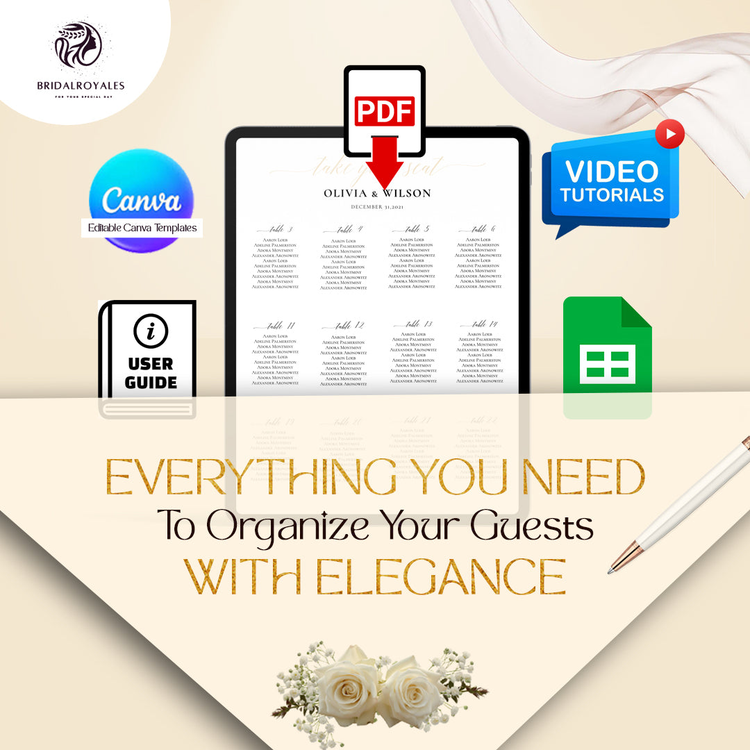 Luxury Wedding Seating Chart Bundle – Editable Canva & Google Sheets | Alphabetical Table Layouts | Printable PDF Digital Display