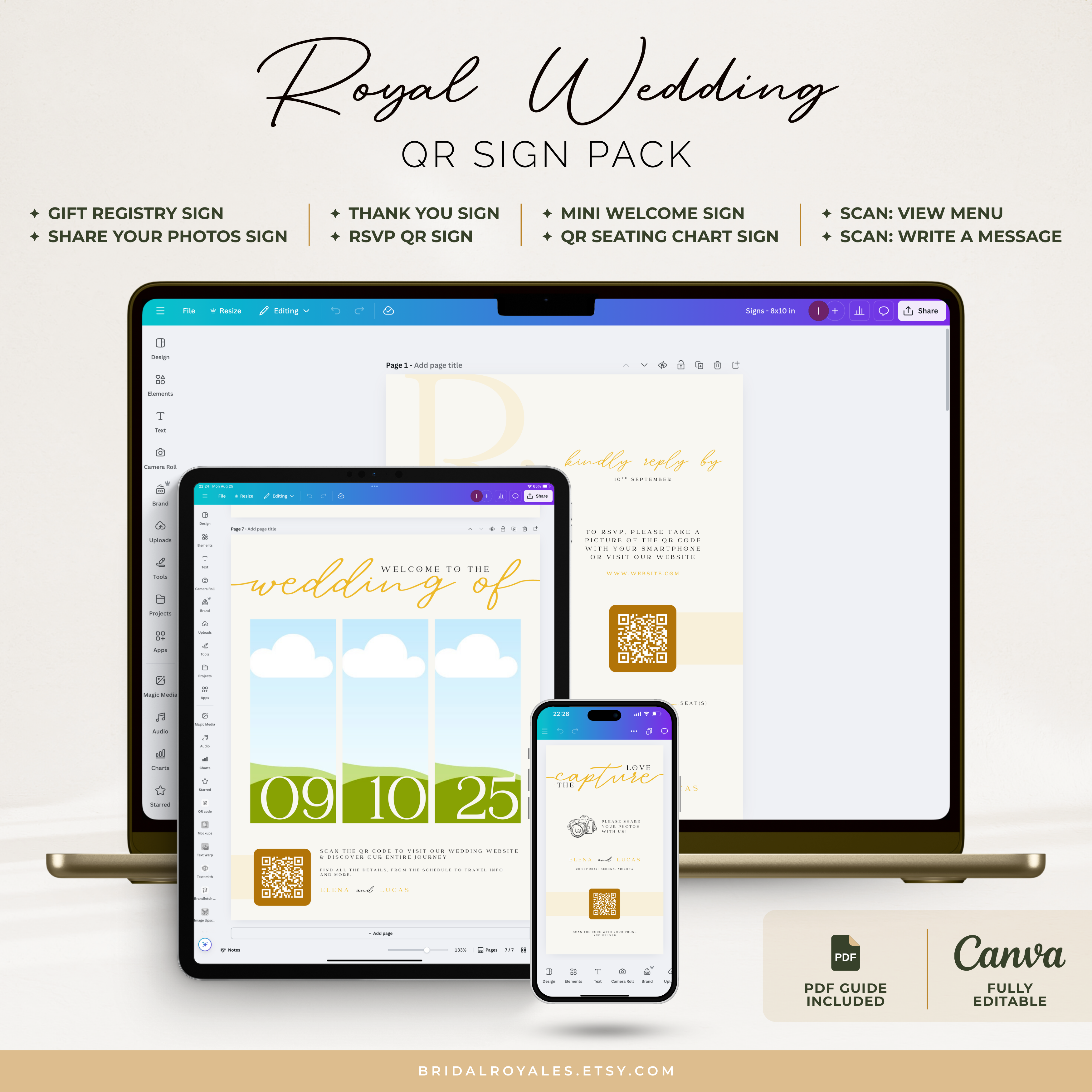 Luxury QR Wedding Sign Bundle – 9 Editable Canva Templates | RSVP, Registry, Guestbook, Menu, Photos & Website Printable Signs