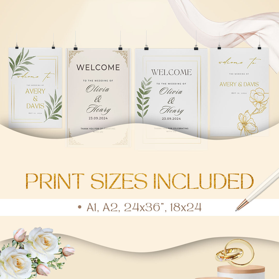 Luxury Wedding Welcome Sign Bundle – 5 Editable Canva Templates | A1, A2, 24x36, 18x24 & 5x7 | Minimalist Printable PDF Wedding Signsrn, Floral, Botanical