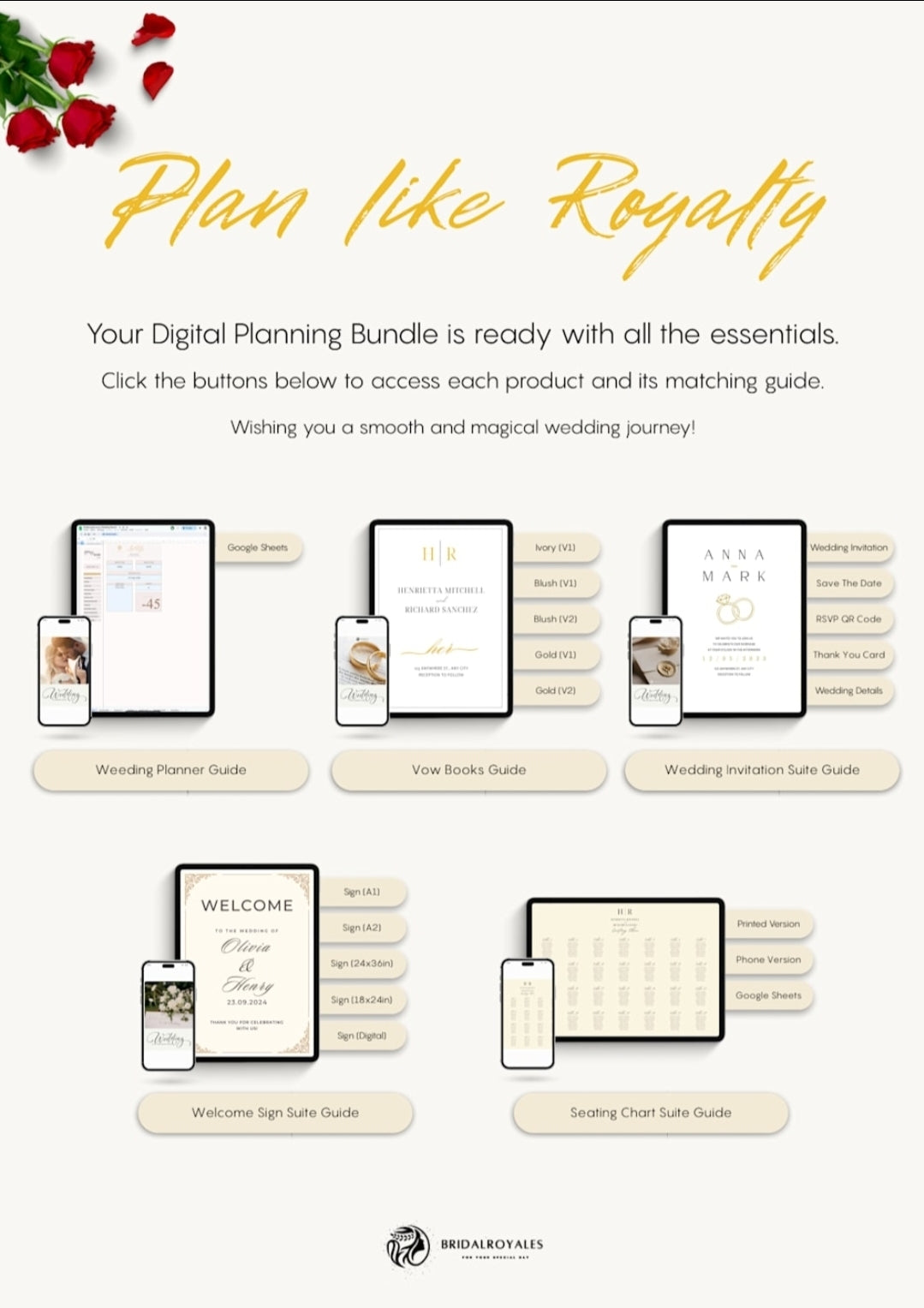 5-in-1 Plan Like Royalty – Luxury Digital Wedding Planner Bundle | 5-in-1 Canva Google Tools | Editable Vow Books, QR Invites, Signs & Chart