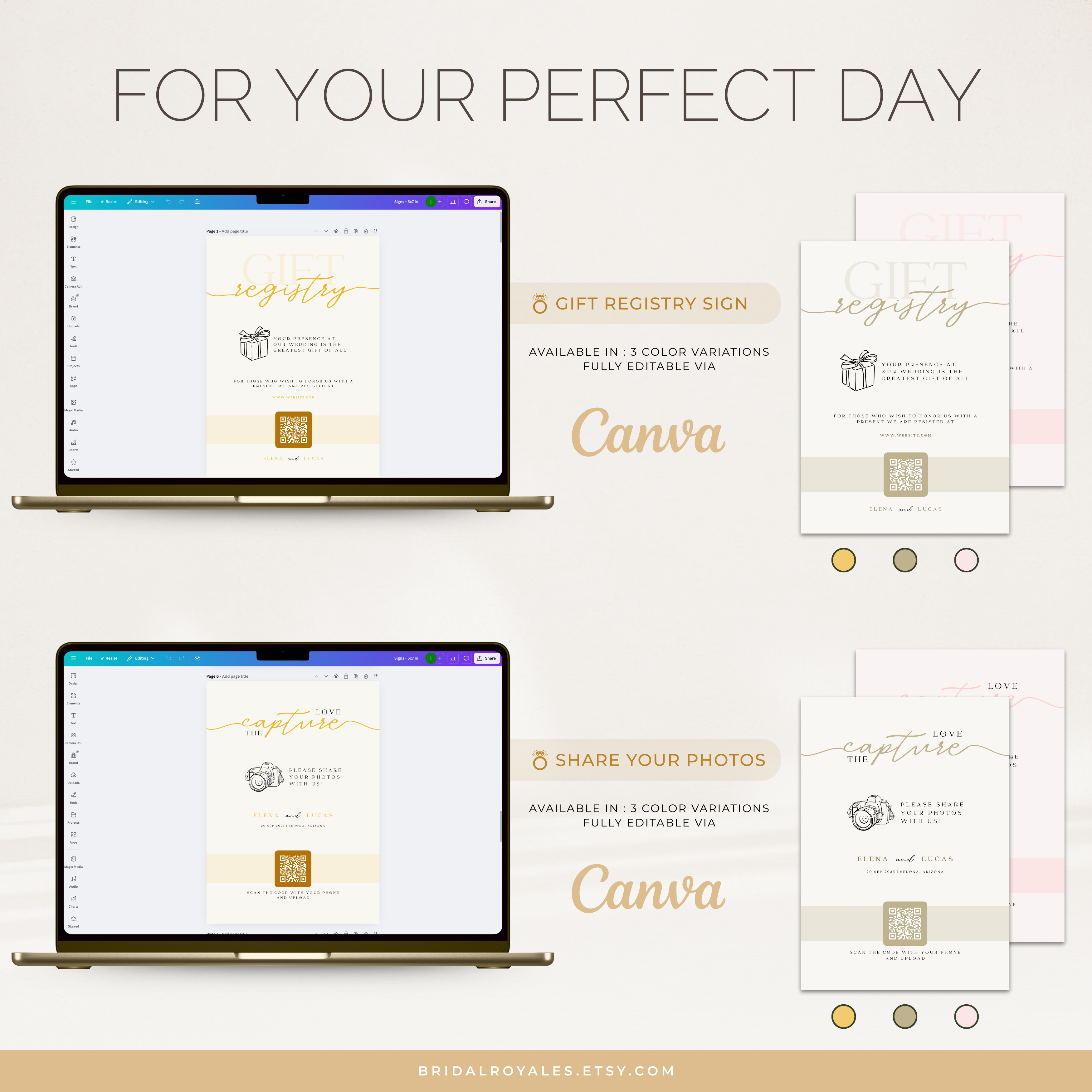 Luxury QR Wedding Sign Bundle – 9 Editable Canva Templates | RSVP, Registry, Guestbook, Menu, Photos & Website Printable Signs