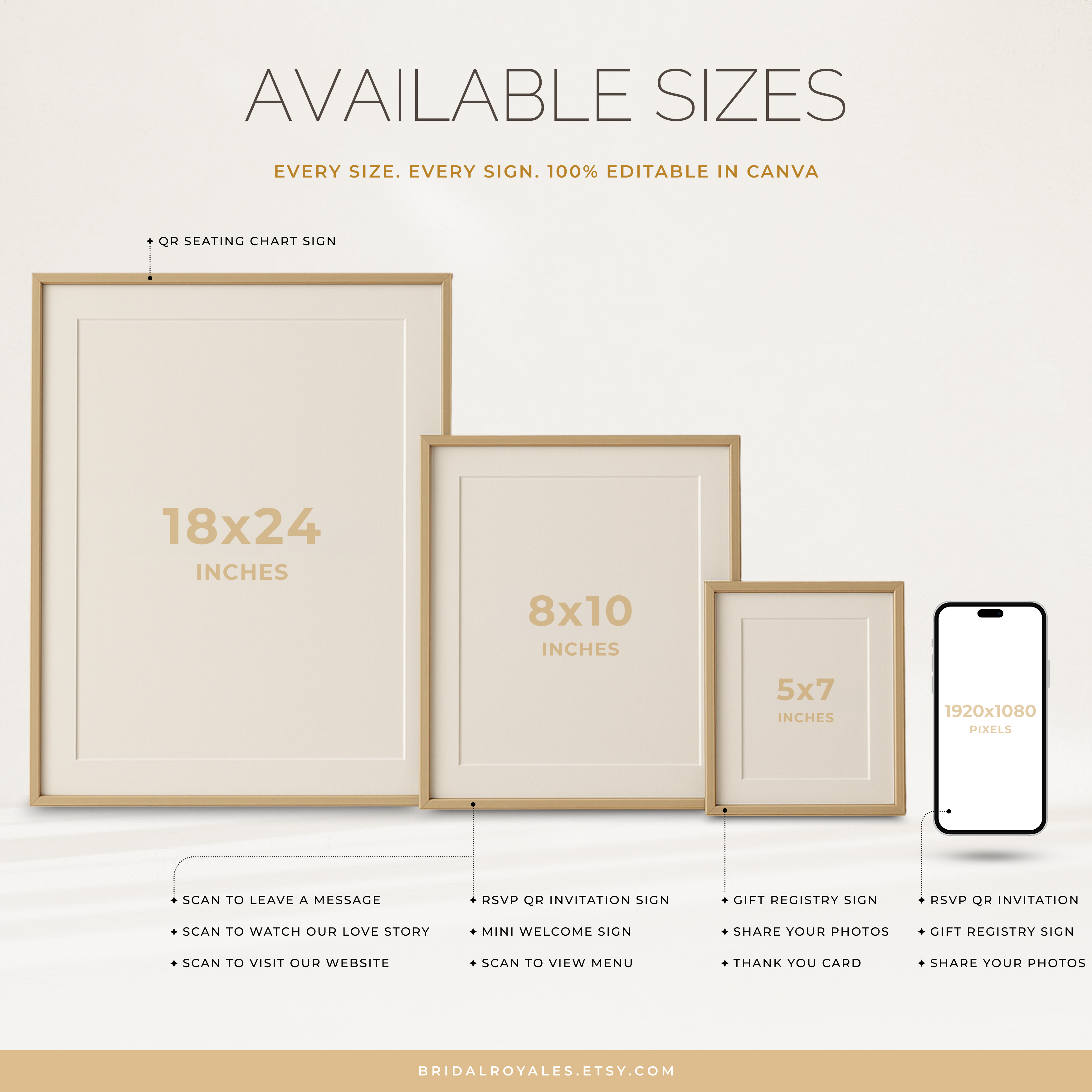 Luxury QR Wedding Sign Bundle – 9 Editable Canva Templates | RSVP, Registry, Guestbook, Menu, Photos & Website Printable Signs