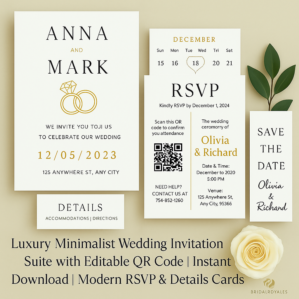 Luxury Minimalist Wedding Invitation Suite with Editable QR Code β Printable Canva Template | Instant Download | Modern RSVP & Details Cards