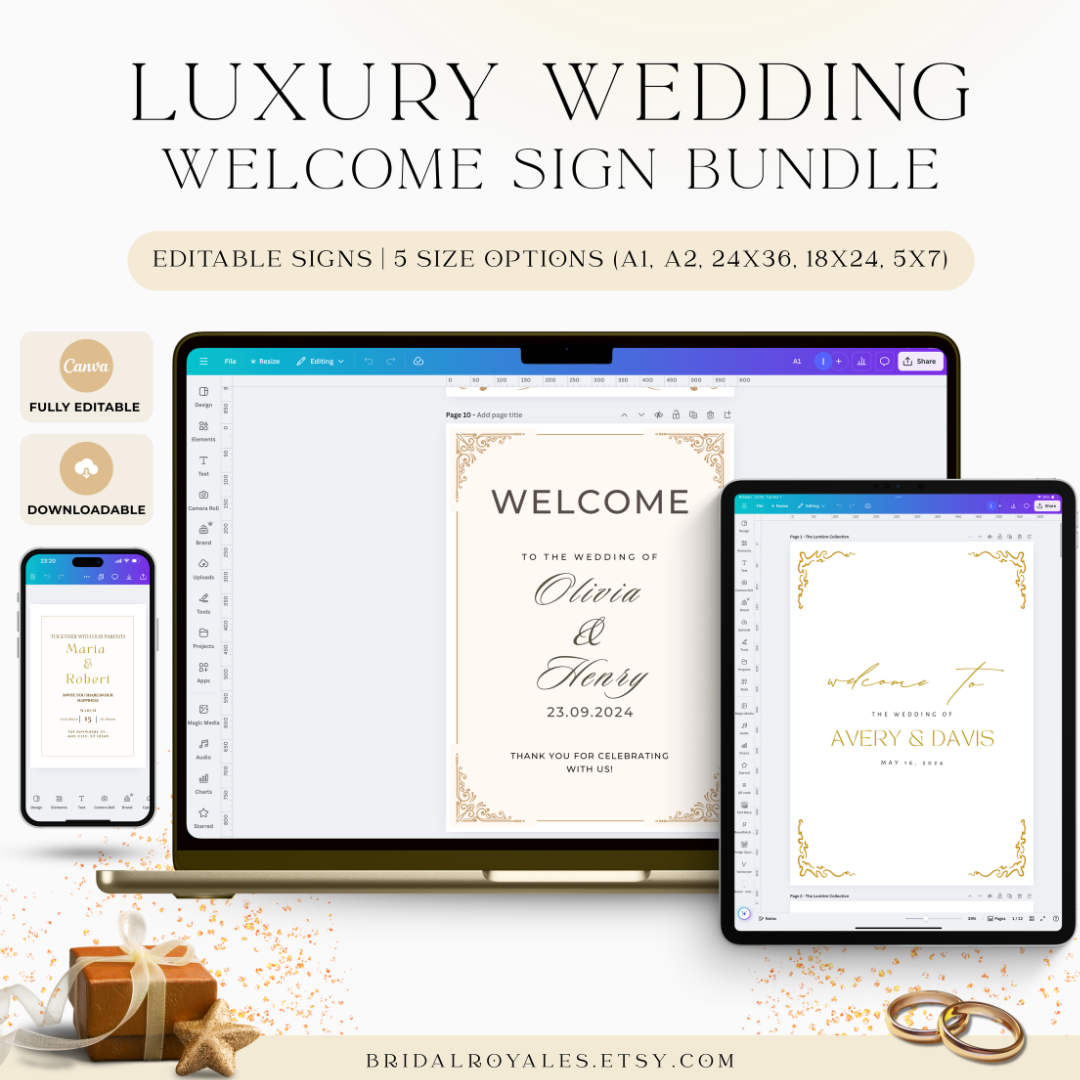 Luxury Wedding Welcome Sign Bundle – 5 Editable Canva Templates | A1, A2, 24x36, 18x24 & 5x7 | Minimalist Printable PDF Wedding Signsrn, Floral, Botanical