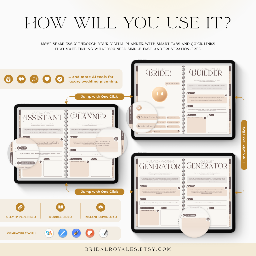 AI Wedding Planner – ChatGPT Bridal Prompts, Timeline, Budget, Vendor Help – BridalRoyales™ Digital Companion