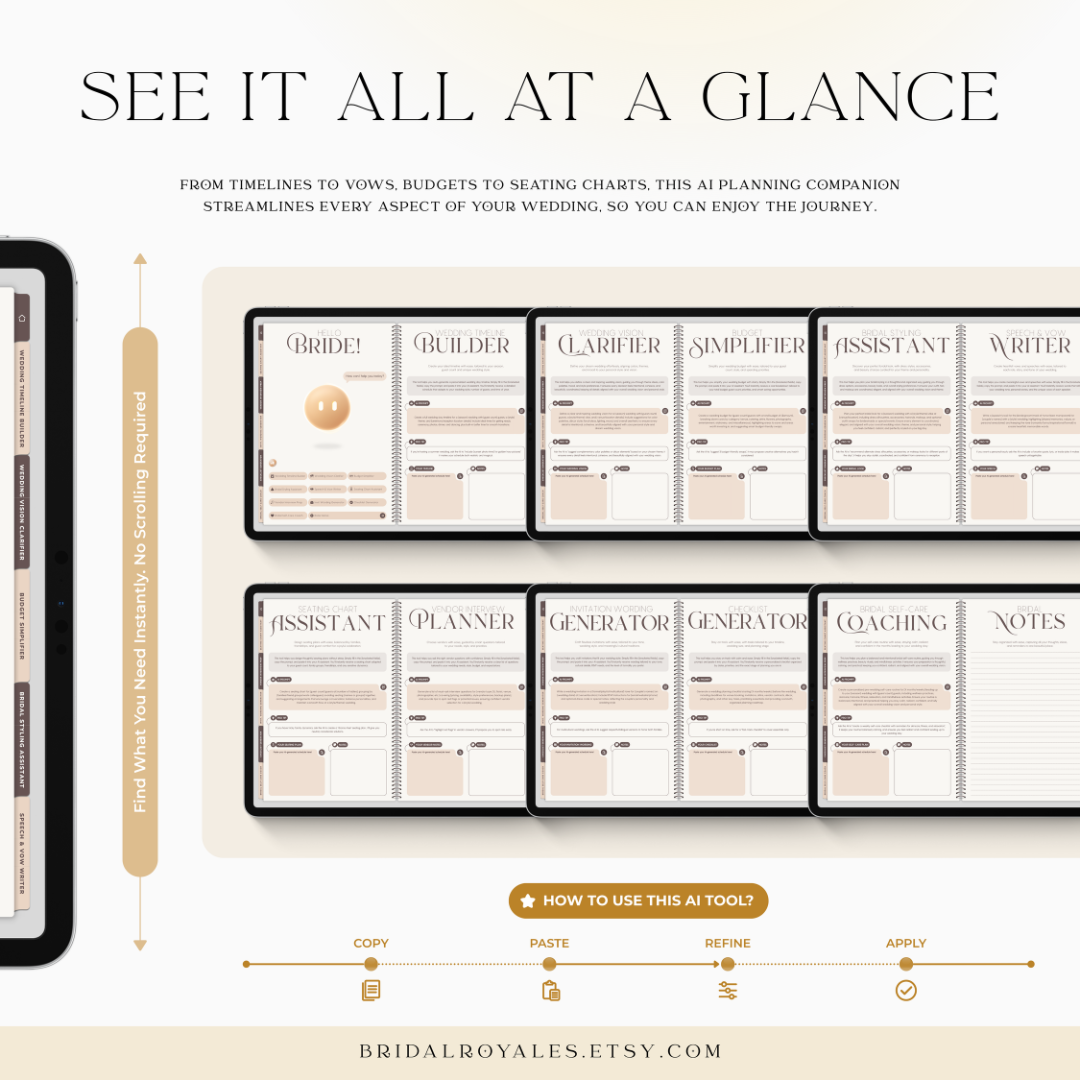 AI Wedding Planner – ChatGPT Bridal Prompts, Timeline, Budget, Vendor Help – BridalRoyales™ Digital Companion