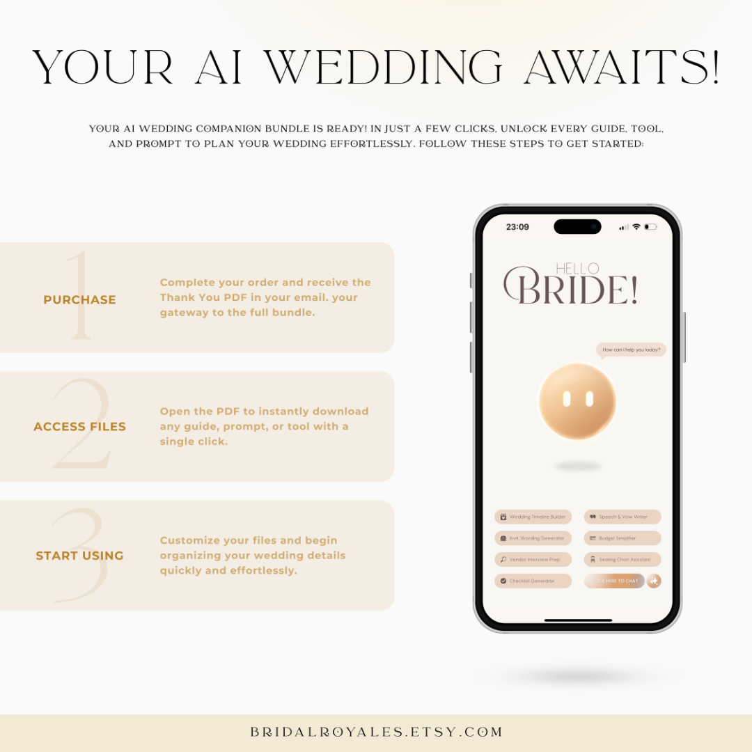 AI Wedding Planner – ChatGPT Bridal Prompts, Timeline, Budget, Vendor Help – BridalRoyales™ Digital Companion