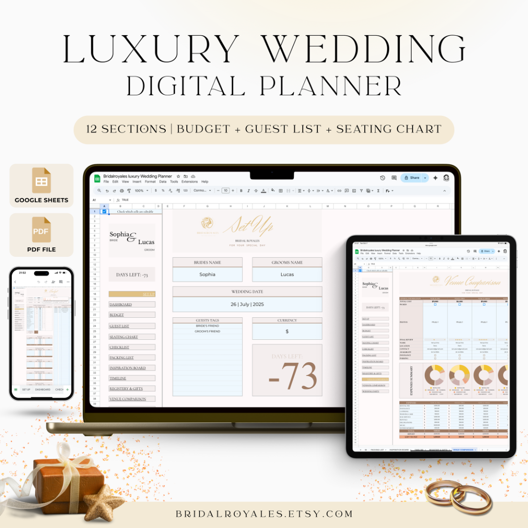 Luxury Digital Wedding Planner – Editable Google Sheets & Printable PDF | Minimalist Modern Bride Planning Template, Seating Chart, Budget