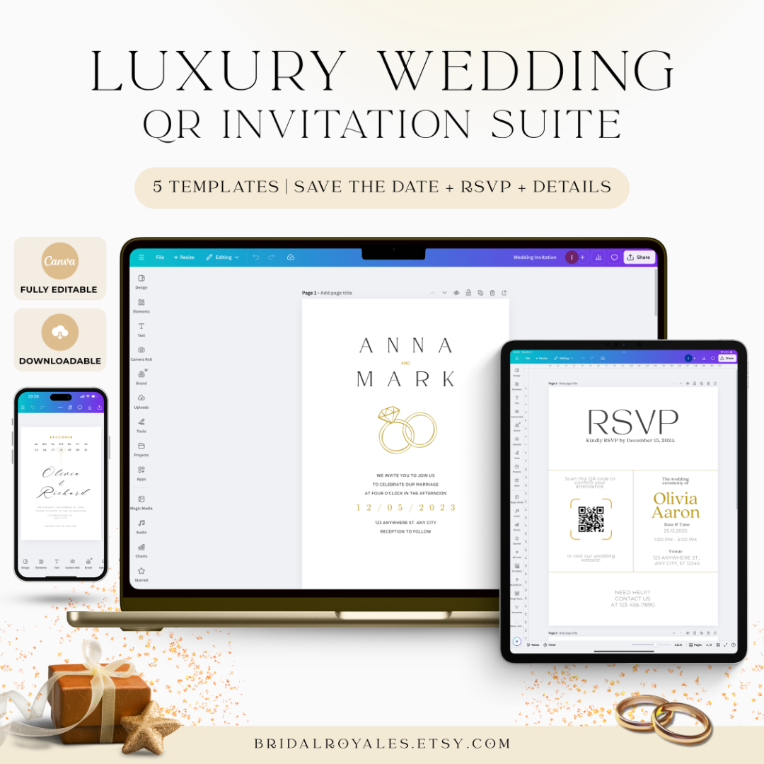 Luxury Wedding Invitation Suite with Editable QR Code – Canva Templates | Modern Printable Save the Date, RSVP, Details Card