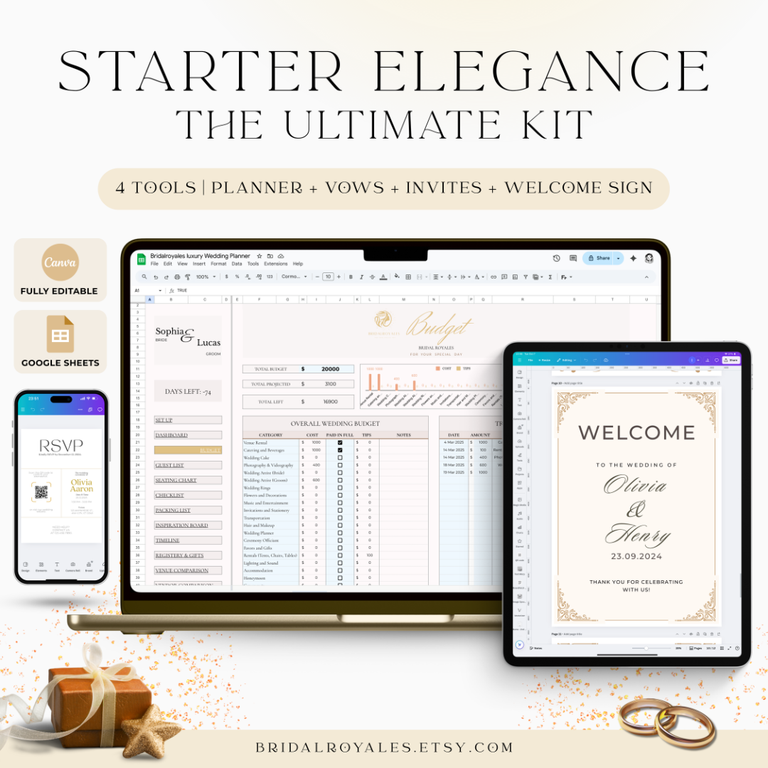 4-in-1 Starter Elegance Kit – Editable Wedding Planning Essentials | Vow Books, QR Invitation, Welcome Sign, Digital Planner PDF + Canva