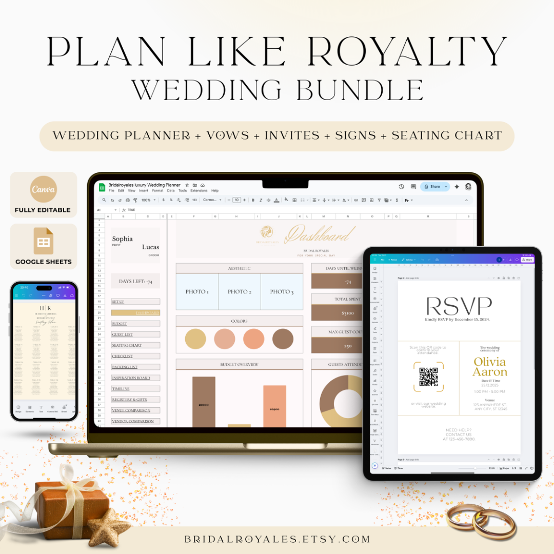 5-in-1 Luxury Digital Wedding Planner Bundle | Editable Vow Books, QR Code Invitations, Wedding Welcome Signs & Seating Chart Templates