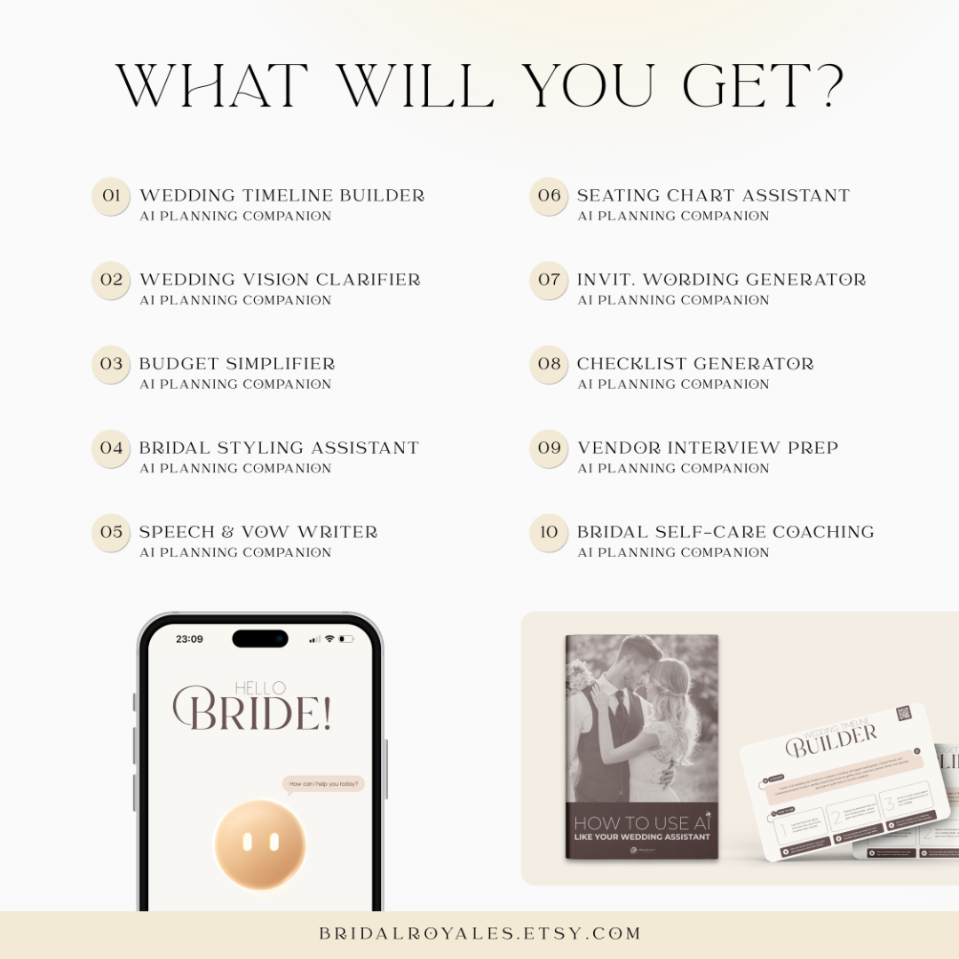 AI Wedding Planner – ChatGPT Bridal Prompts, Timeline, Budget, Vendor Help – BridalRoyales™ Digital Companion