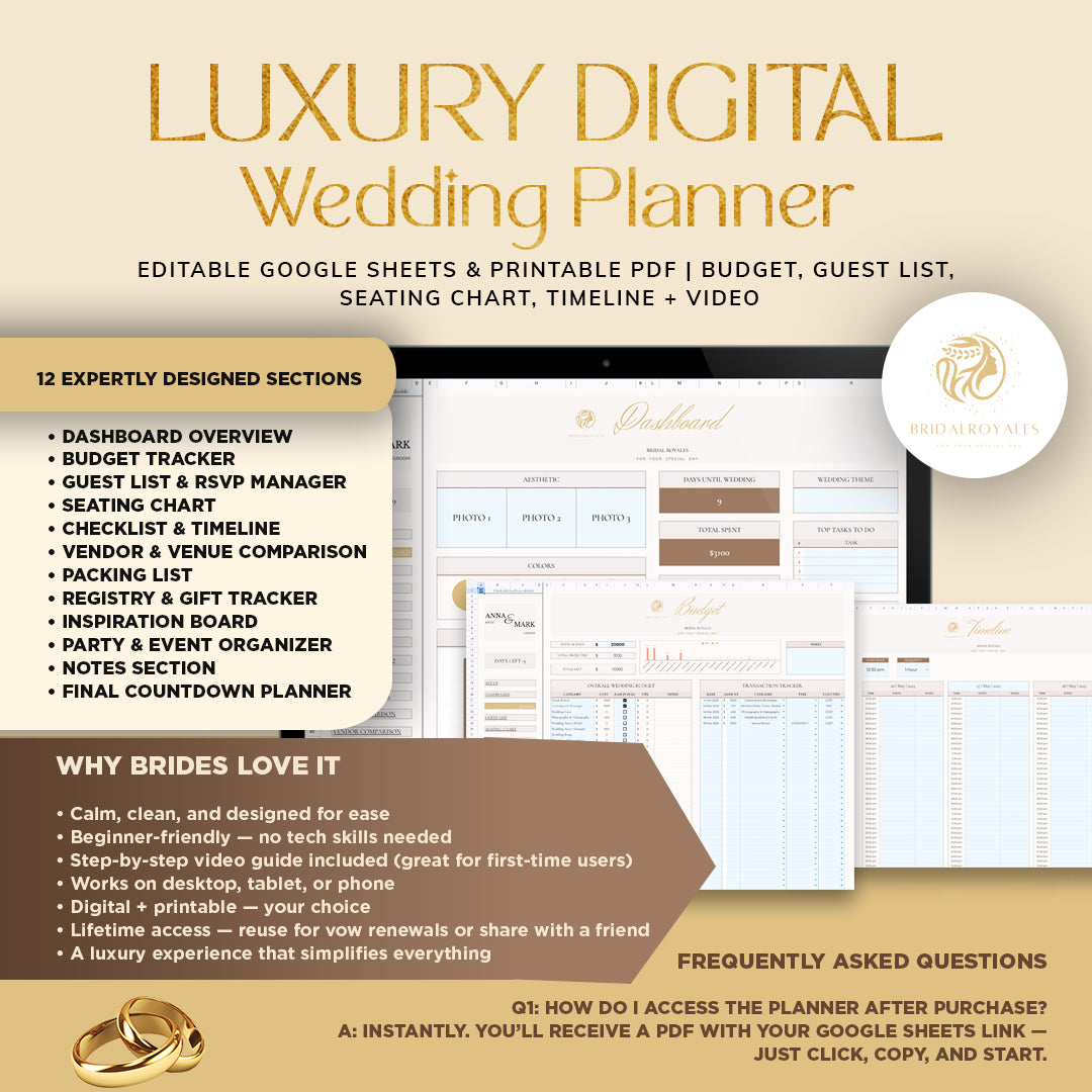 5-in-1 Plan Like Royalty – Luxury Digital Wedding Planner Bundle | 5-in-1 Canva Google Tools | Editable Vow Books, QR Invites, Signs & Chart