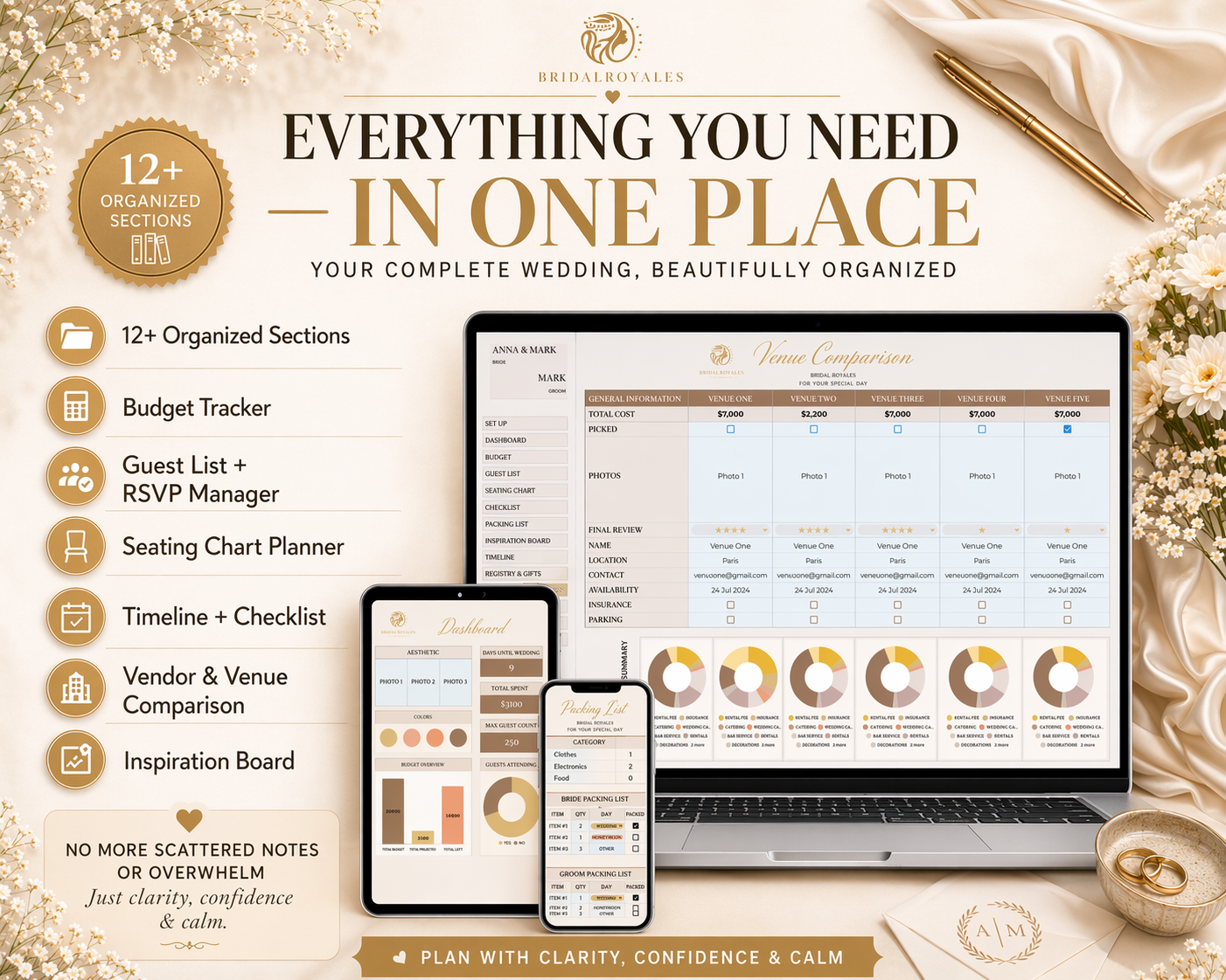 Luxury Digital Wedding Planner – Editable Google Sheets & Printable PDF | Minimalist Modern Bride Planning Template, Seating Chart, Budget