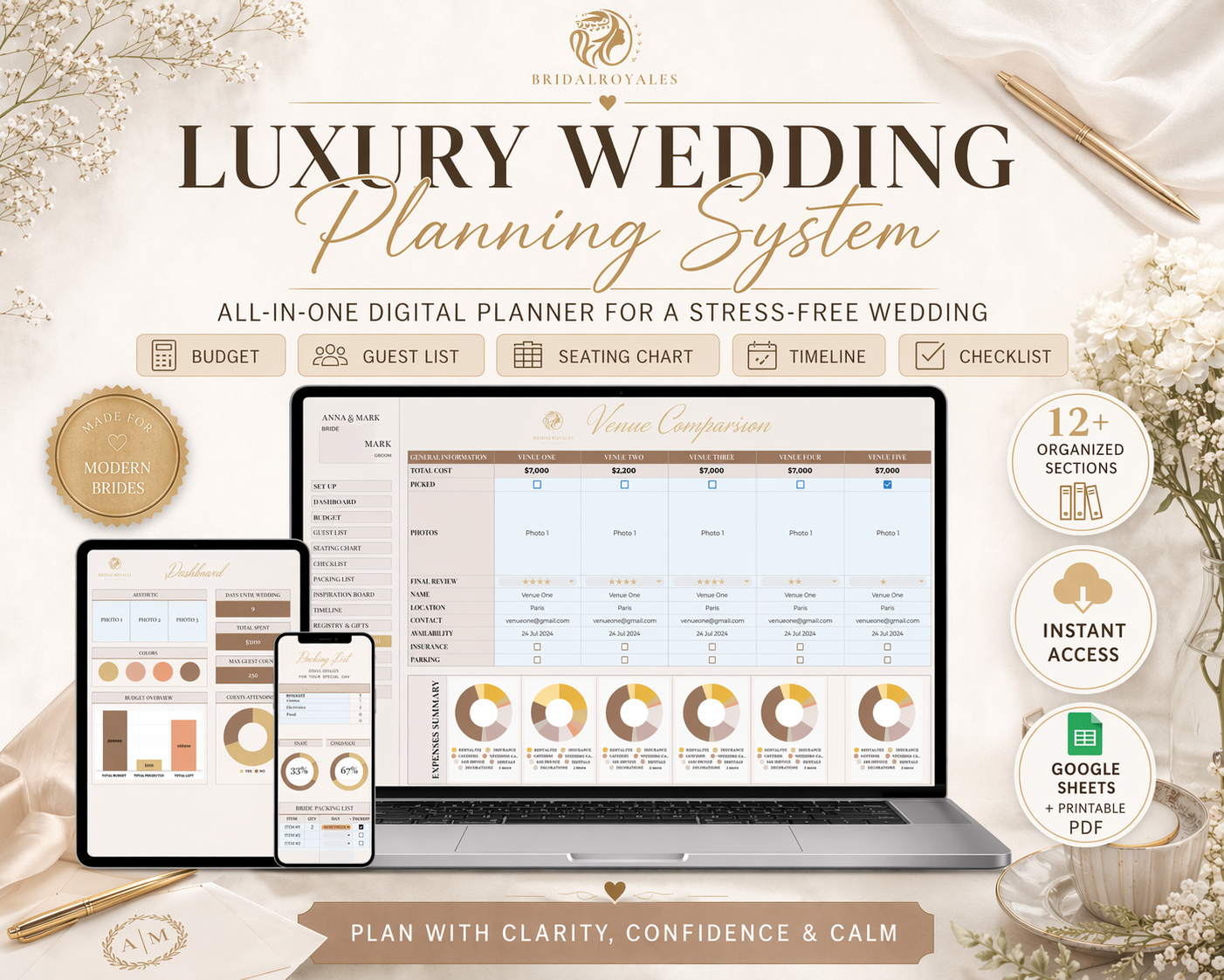 Luxury Digital Wedding Planner – Editable Google Sheets & Printable PDF | Minimalist Modern Bride Planning Template, Seating Chart, Budget
