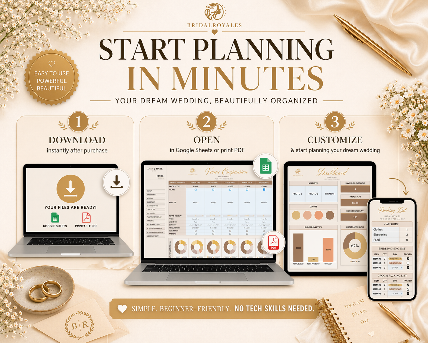 Luxury Digital Wedding Planner – Editable Google Sheets & Printable PDF | Minimalist Modern Bride Planning Template, Seating Chart, Budget