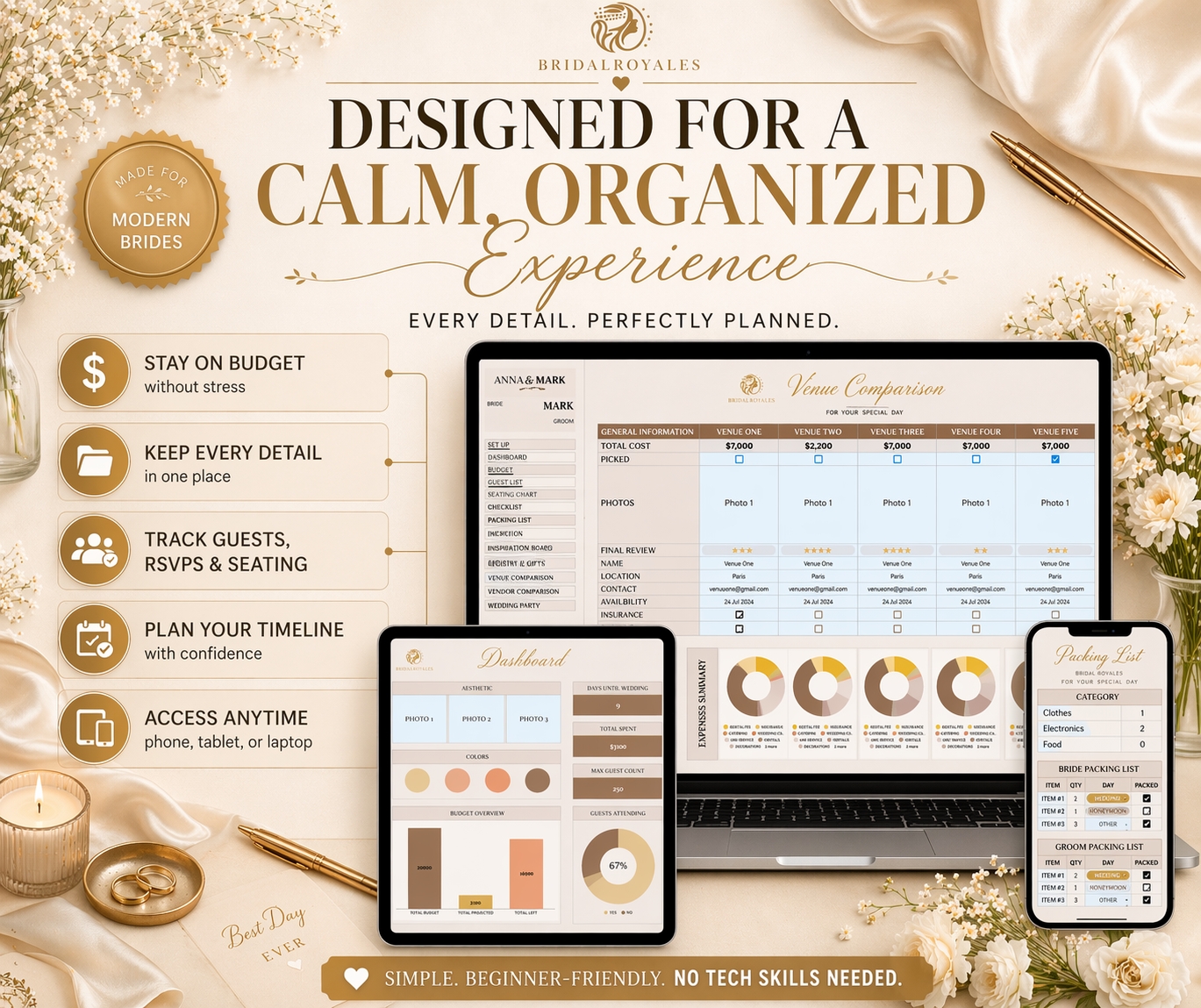 Luxury Digital Wedding Planner – Editable Google Sheets & Printable PDF | Minimalist Modern Bride Planning Template, Seating Chart, Budget