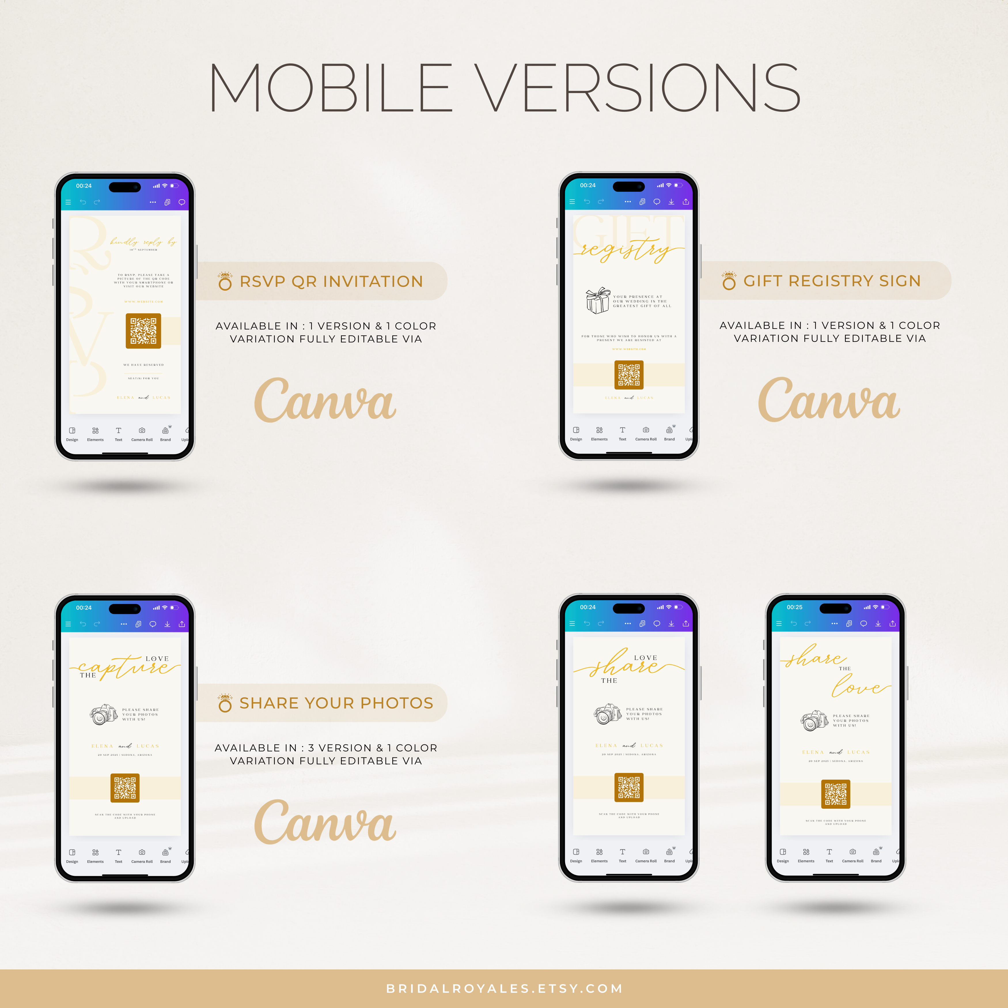 Luxury QR Wedding Sign Bundle – 9 Editable Canva Templates | RSVP, Registry, Guestbook, Menu, Photos & Website Printable Signs