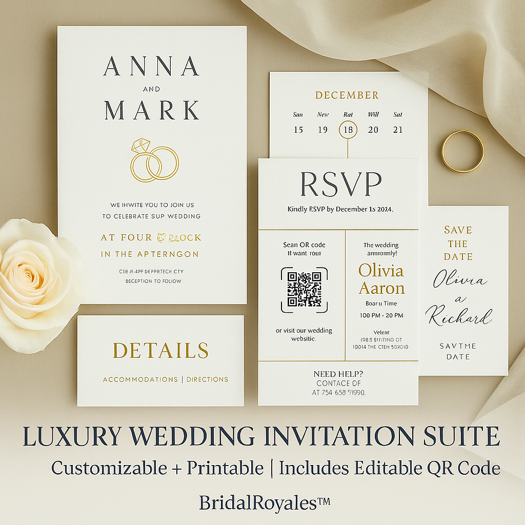 Luxury Minimalist Wedding Invitation Suite with Editable QR Code – Printable Canva Template | Instant Download | Modern RSVP & Details Cards