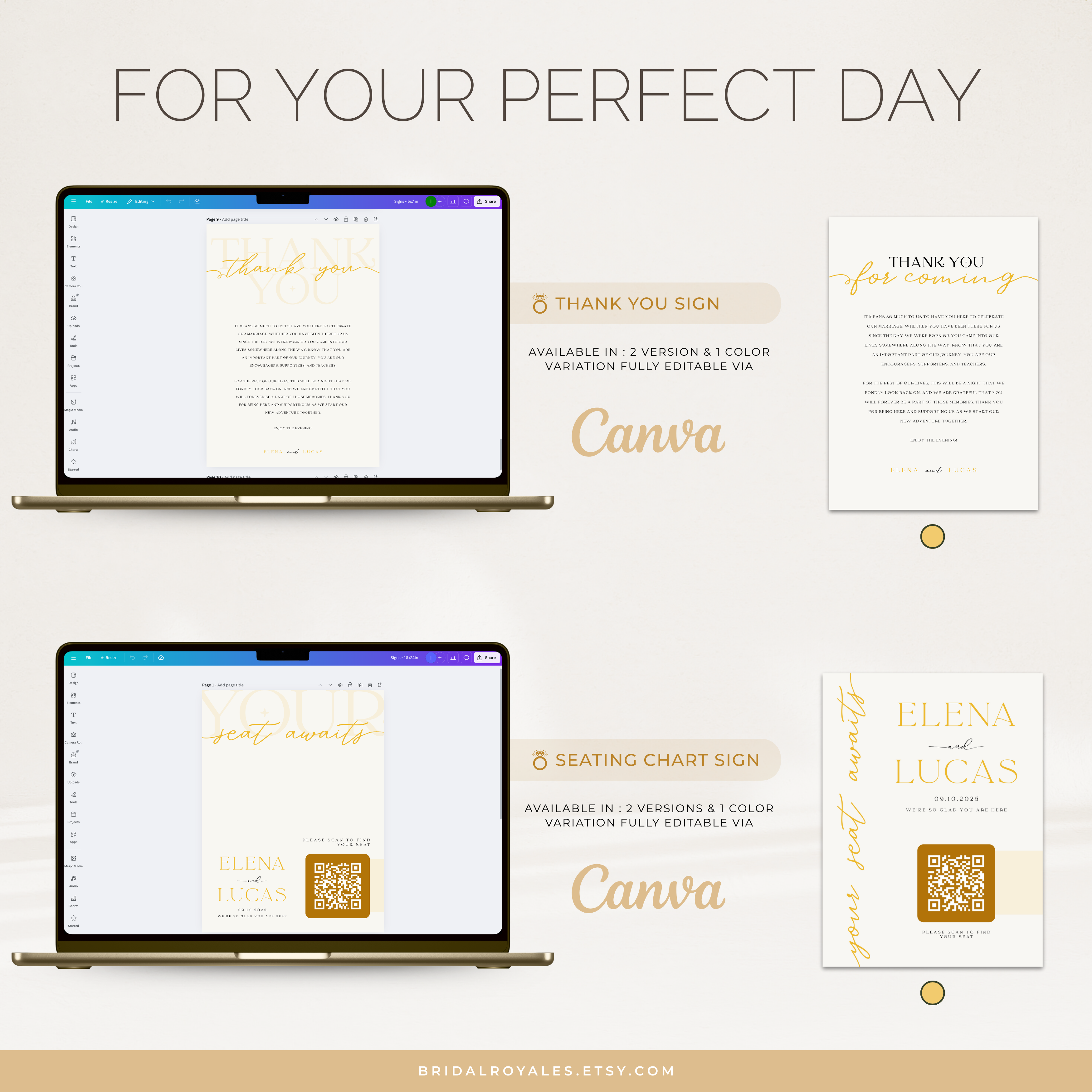 Luxury QR Wedding Sign Bundle – 9 Editable Canva Templates | RSVP, Registry, Guestbook, Menu, Photos & Website Printable Signs