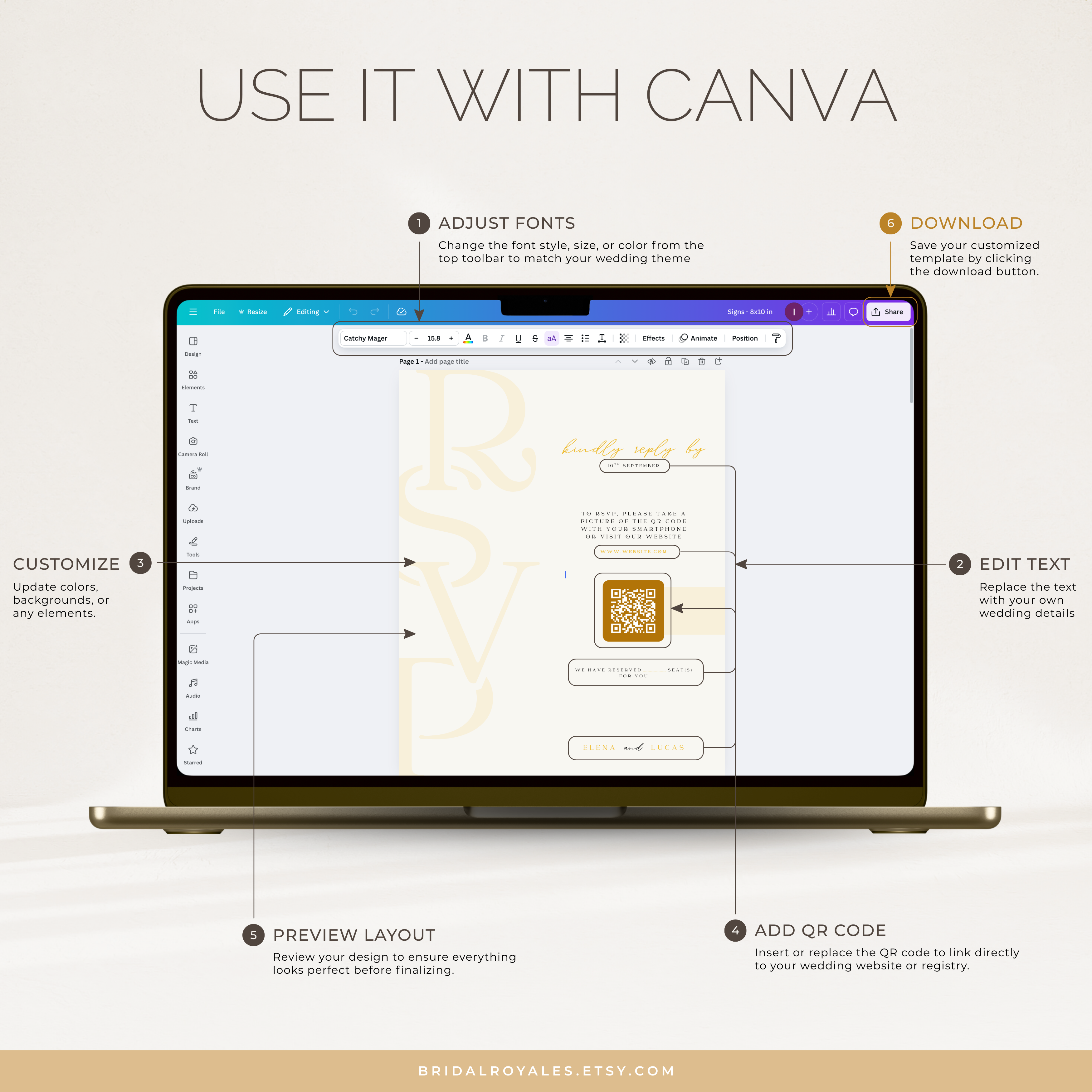 Luxury QR Wedding Sign Bundle – 9 Editable Canva Templates | RSVP, Registry, Guestbook, Menu, Photos & Website Printable Signs