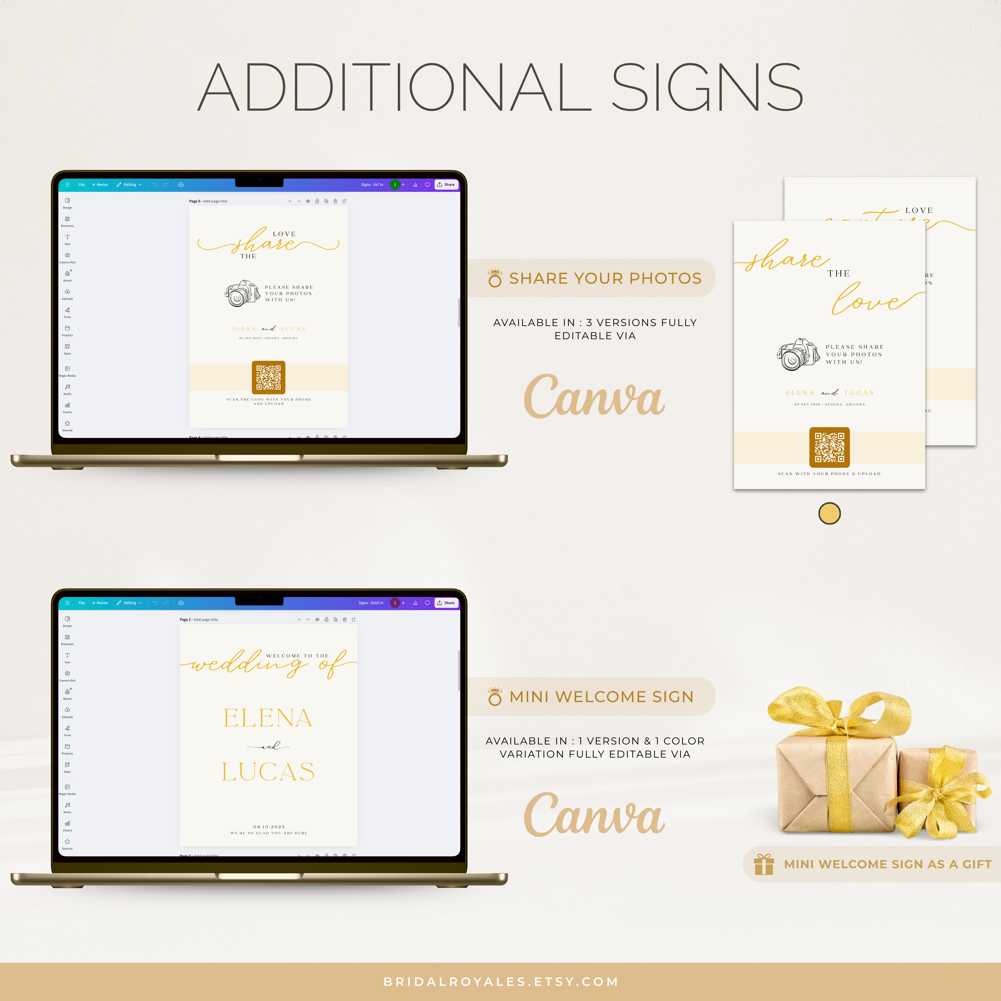 Luxury QR Wedding Sign Bundle – 9 Editable Canva Templates | RSVP, Registry, Guestbook, Menu, Photos & Website Printable Signs