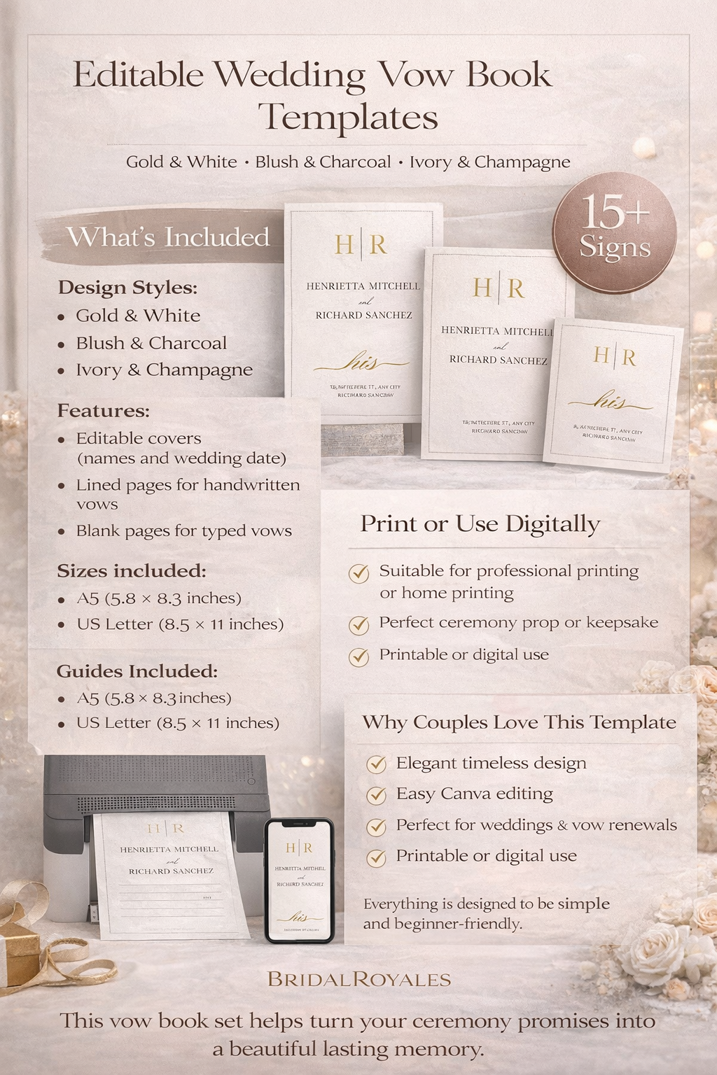 Luxury Wedding Vow Book Set – 3 Editable Canva Templates | Printable A5 & US Letter | Bride  Groom Keepsake, Elopement, Vow Renewal