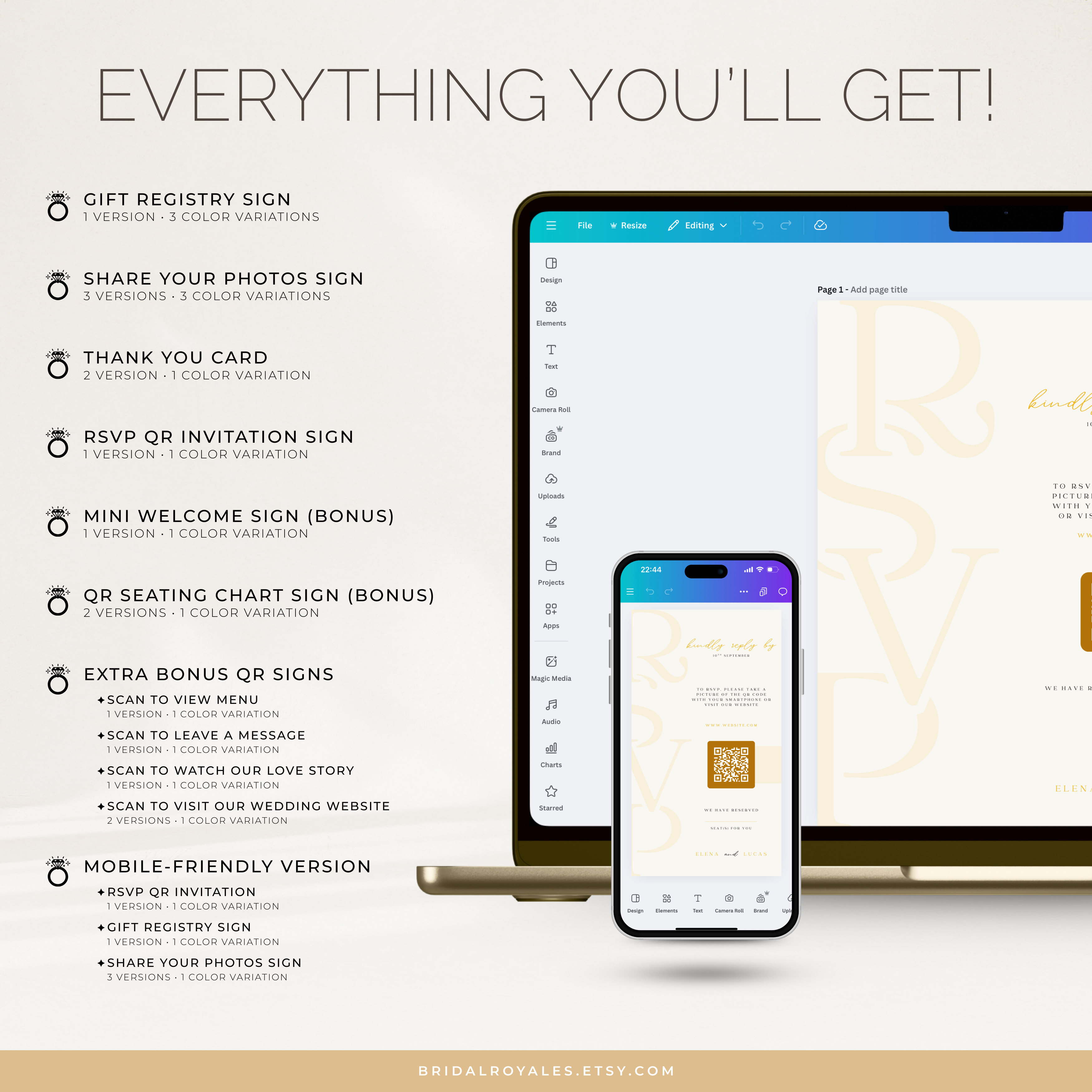 Luxury QR Wedding Sign Bundle – 9 Editable Canva Templates | RSVP, Registry, Guestbook, Menu, Photos & Website Printable Signs